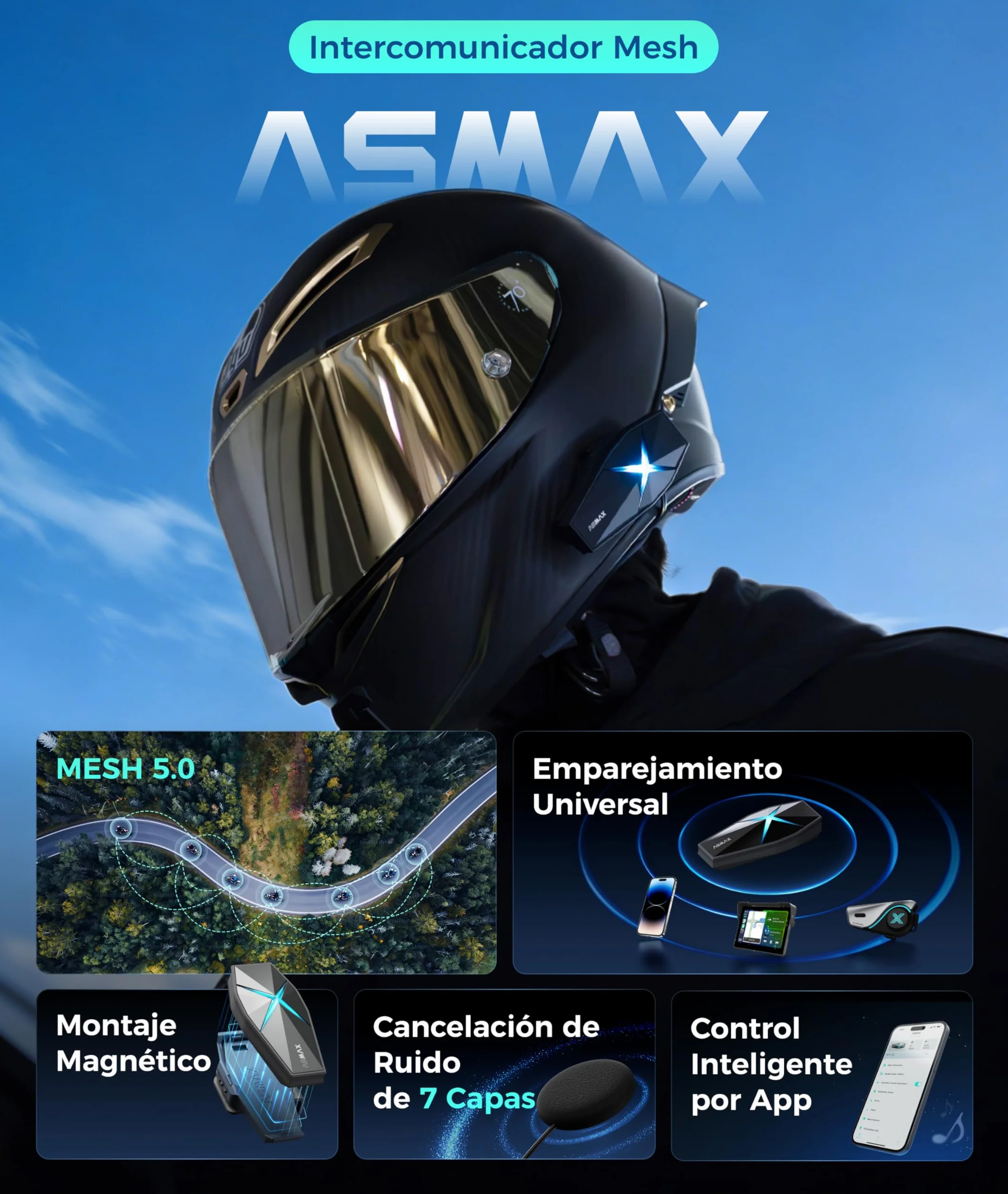 ASMAX Intercomunicador Casco Moto Bluetooth 10 Vías Mesh, Control de Voz Español, Carga Rápida, ENC Cancelación Ruido