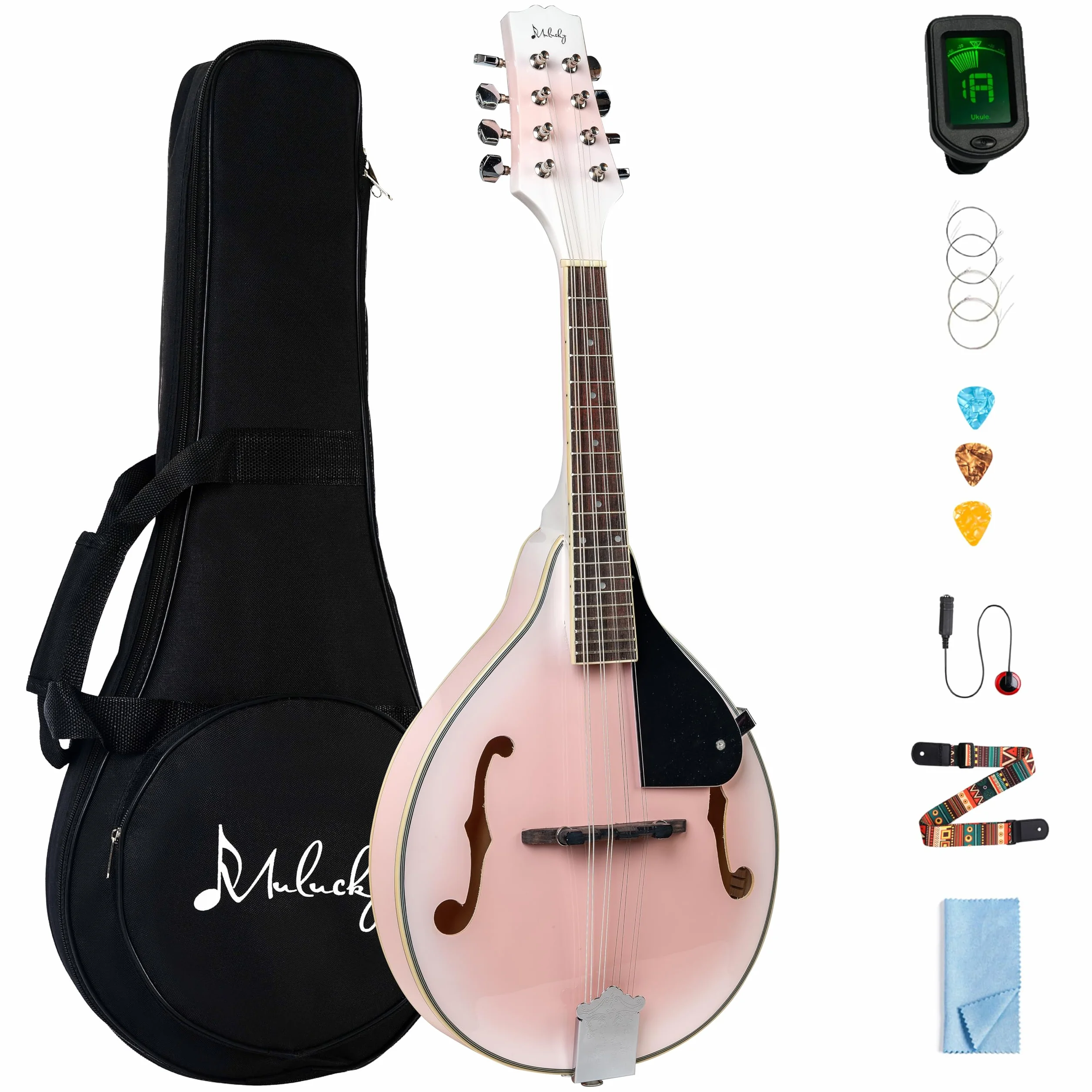 Mulucky A Style - Instrumento de mandolina acústica de 8 cuerdas con kit para principiantes para adultos y niños, funda, afinador, cuerda, púas, color rosa