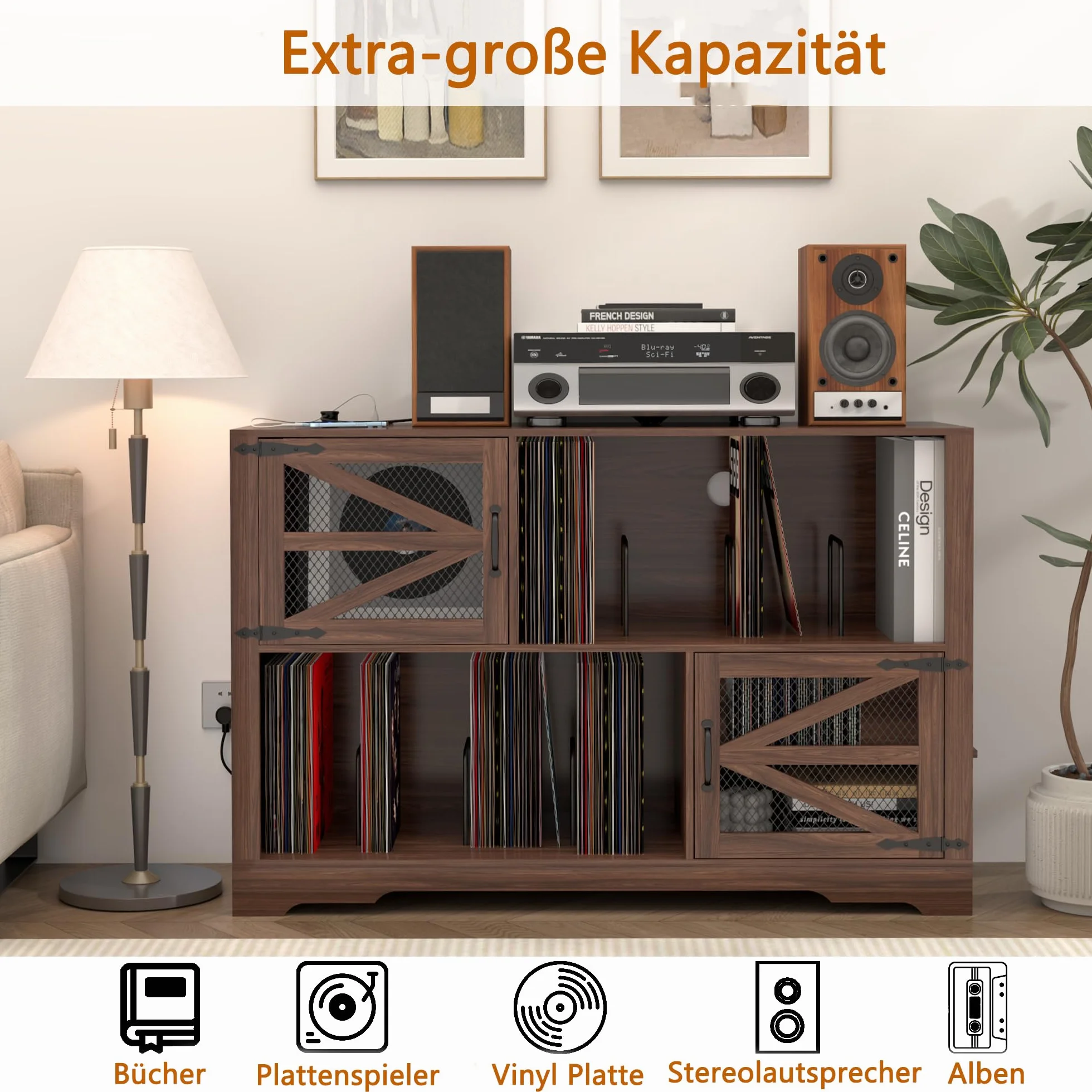 MDF Mueble para Discos de Vinilo con Acabado Nogal,Soporte para 500+ Vinilos, 2 Enchufes & 2 USB, Antivuelco, Mueble Compacto para Salón y Tocadiscos,Color Nogal