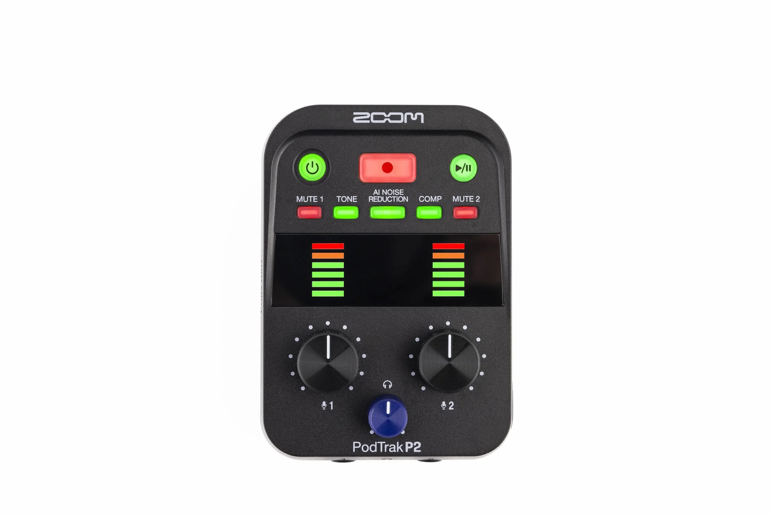 Zoom Grabadora de podcasts portátil P2 PodTrak e Interfaz de Audio USB | Mezclador de podcasting e Interfaz para grabación de Podcast móvil en Calidad de transmisión | 2 entradas de micrófono USB |