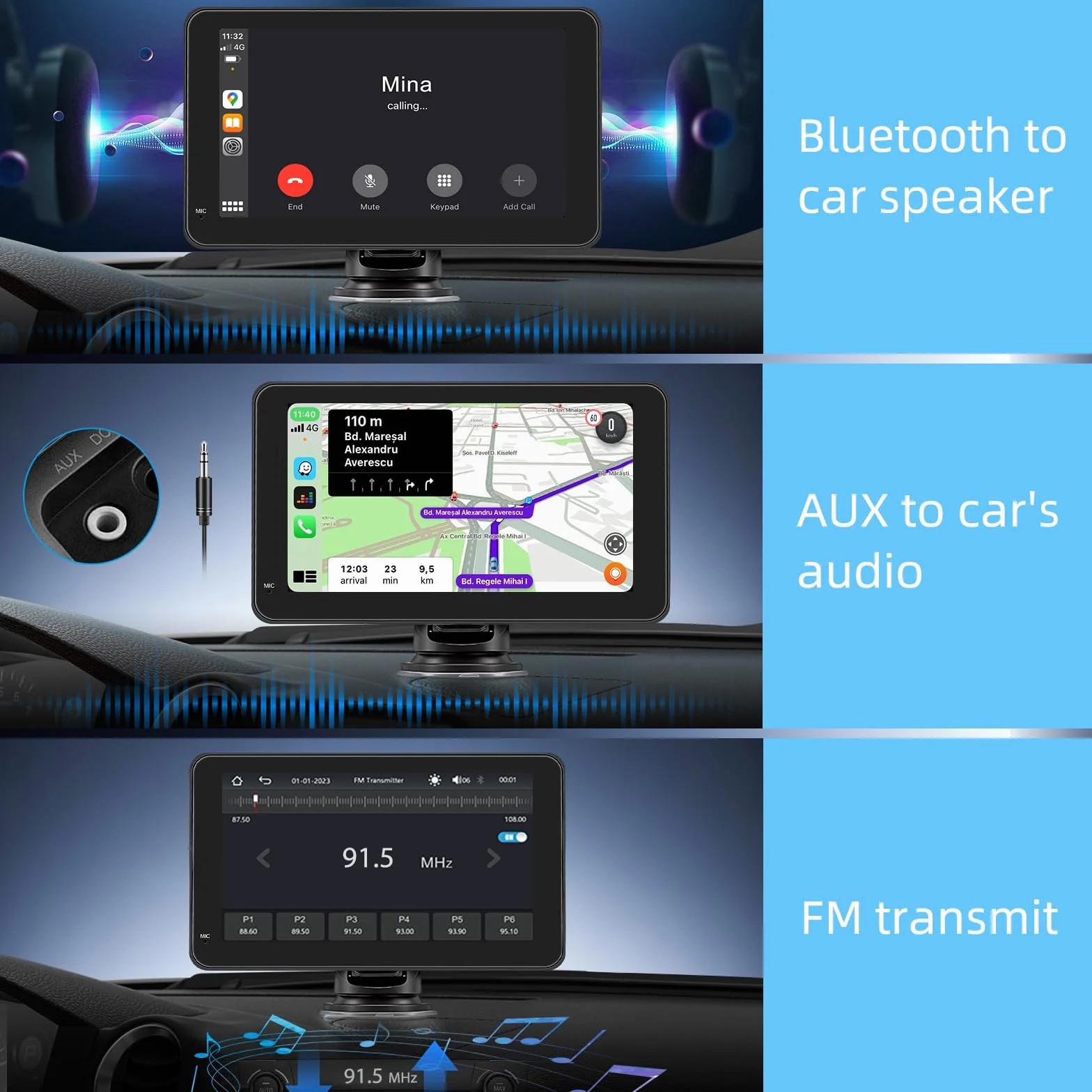 Pantalla Coche 7" Carplay HD Tactil Inalámbrica GPS Bluetooth Control por Voz Mirror Link FM Siri G-oogle
