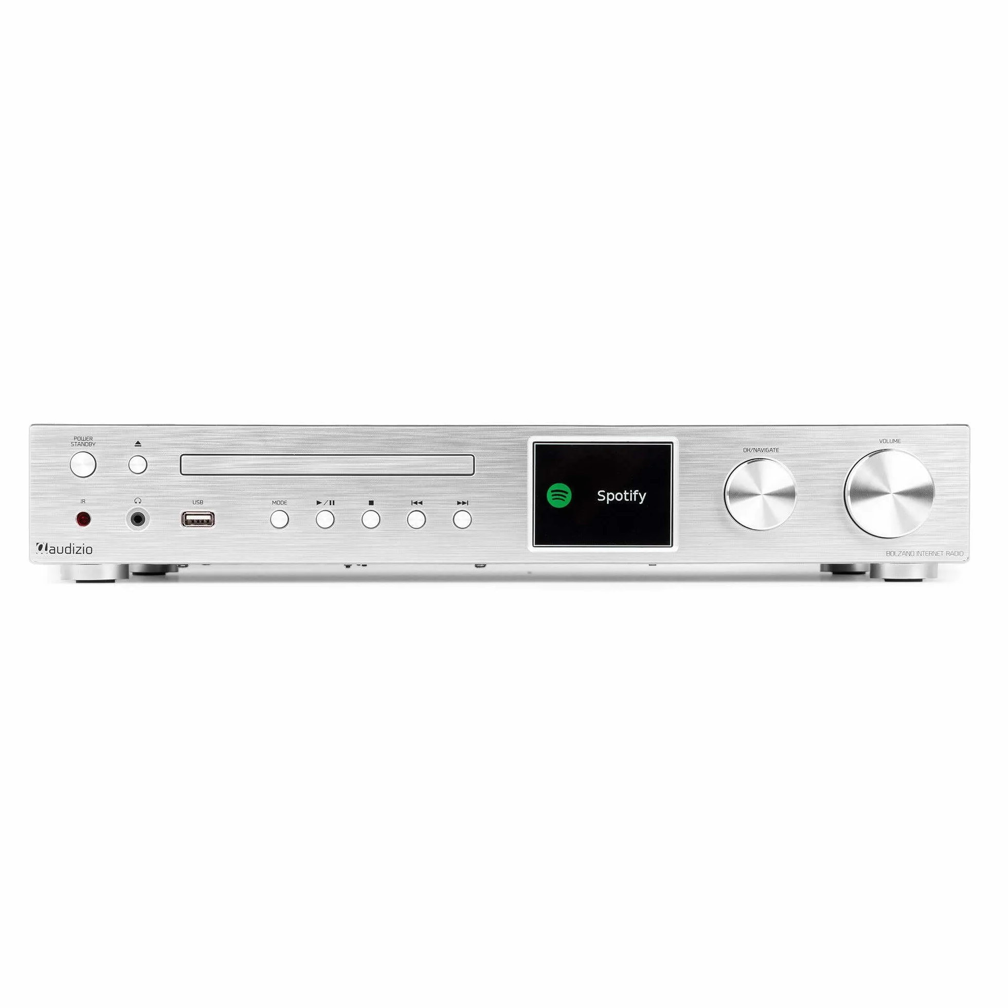 Audizio Bolzano - Radio Internet Dab+ y FM WLAN Bluetooth, Reproductor CD, Spotify Connect, Despertador, 40.000 emisoras, Mando a Distancia y Control por App, conexión Toslink y subwoofer, Plateada
