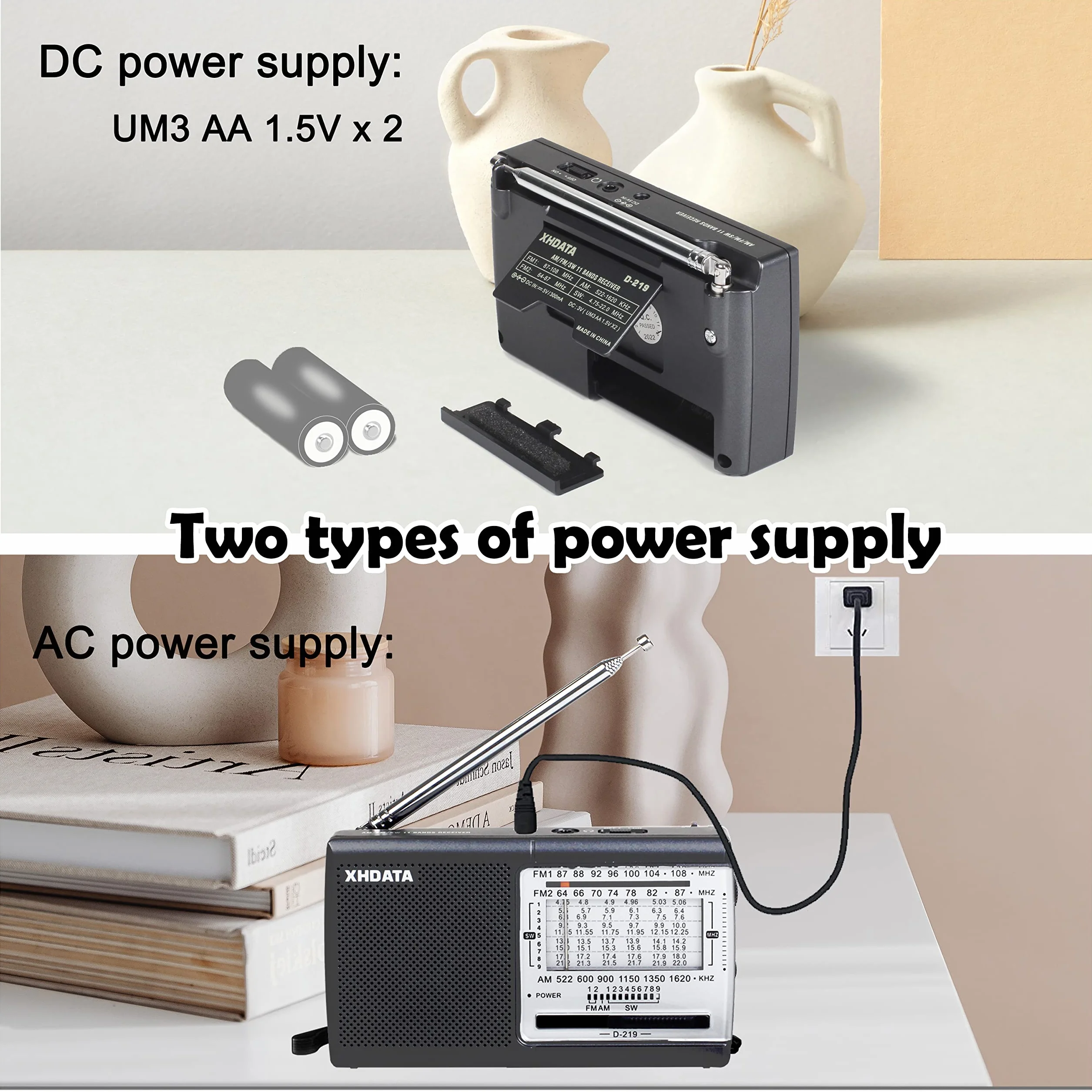 XHDATA D219 Radio a Pilas Portátil Pequeña Analógica FM Am SW Radio de Transistor con Entrada para Auriculares Excelente Señal Uso Simple para Personas Mayores Hogar y Emergencia Gris