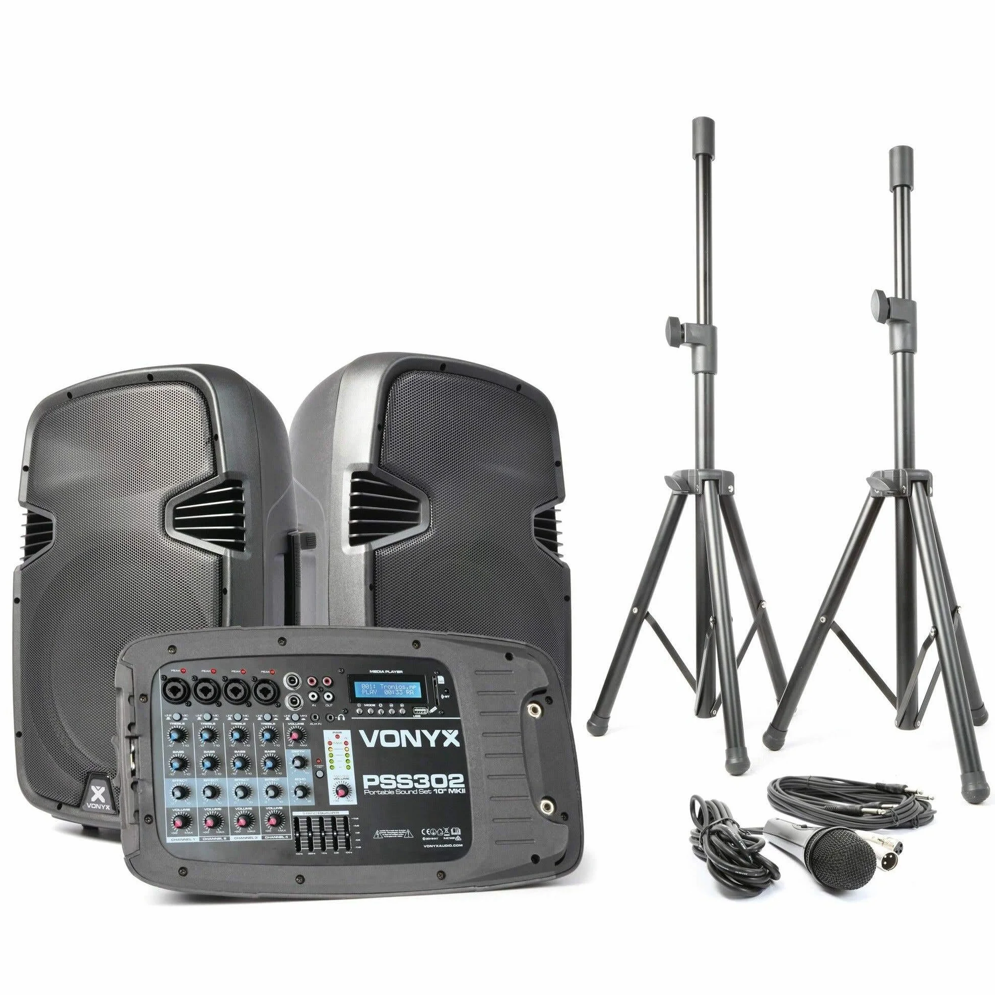 Vonyx PSS302 – Sistema de Sonido Activo 300W con 2 Altavoces 10”, Bluetooth, USB, SD, Mezclador Integrado, Soportes y micrófono, Altavoz portátil Potente para Eventos, Fiestas y DJ, Color Negro