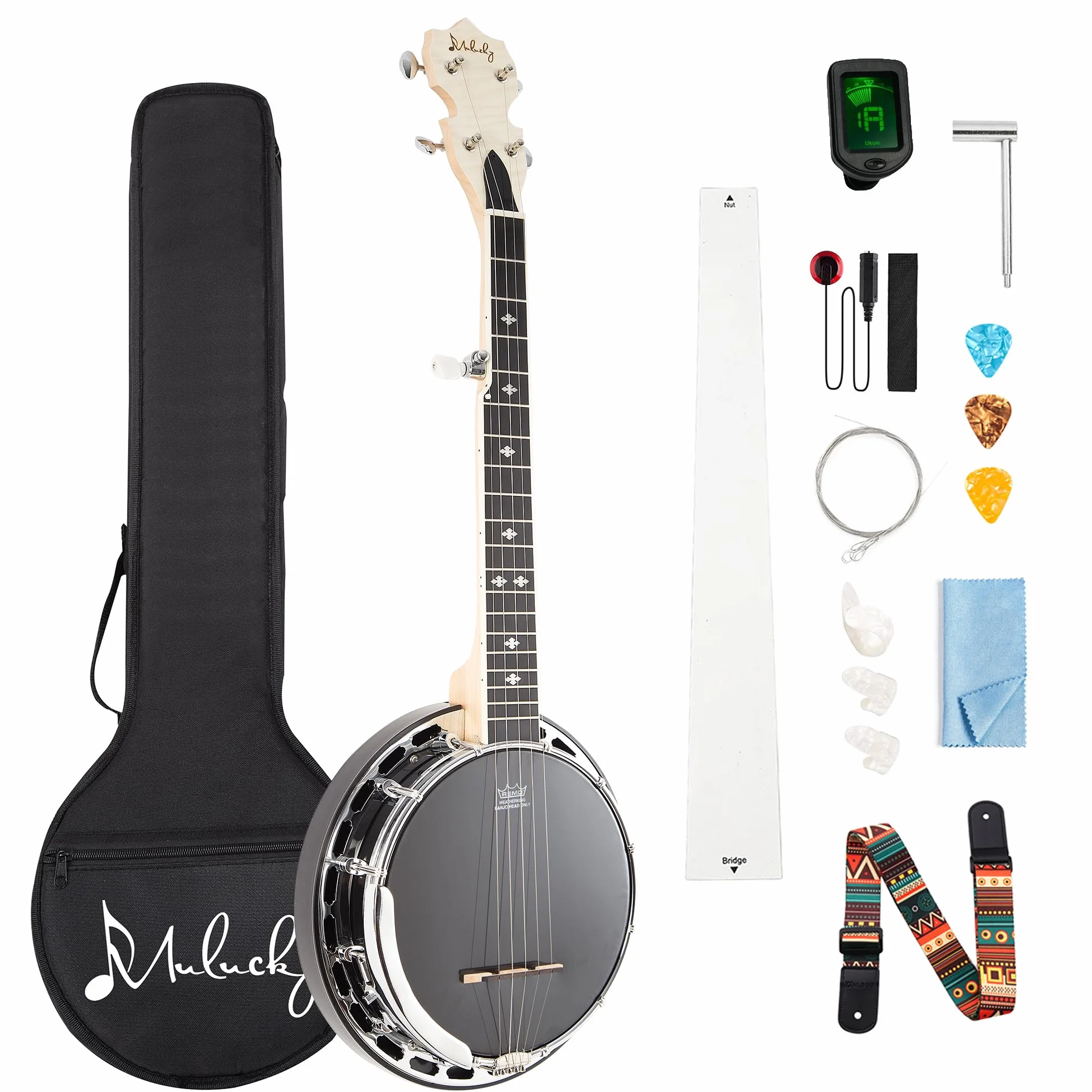 Mulucky Banjo de 5 cuerdas MINI, banjo de viaje de 28 pulgadas, cabeza Remo, resonador y afinador 5º engranado, kit de inicio con regla de púas y afinador