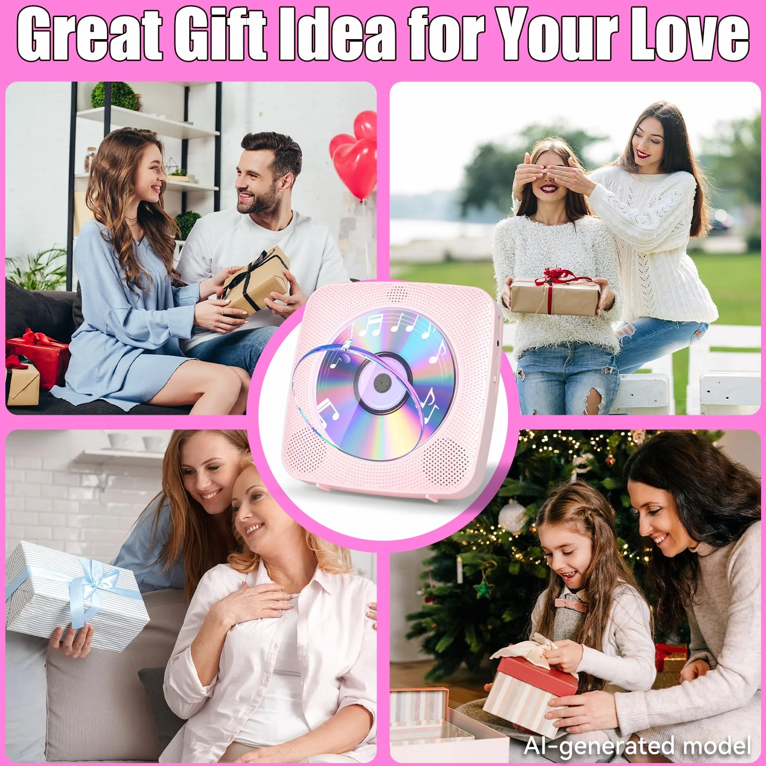 Gueray Reproductor de CD Portátil Bluetooth 1800mah Reproductor de CD Adecuado para Reproductores de CD Domésticos con Altavoces Dobles, Radio FM, Remoto, Puerto de Auriculares USB AUX-Rosa
