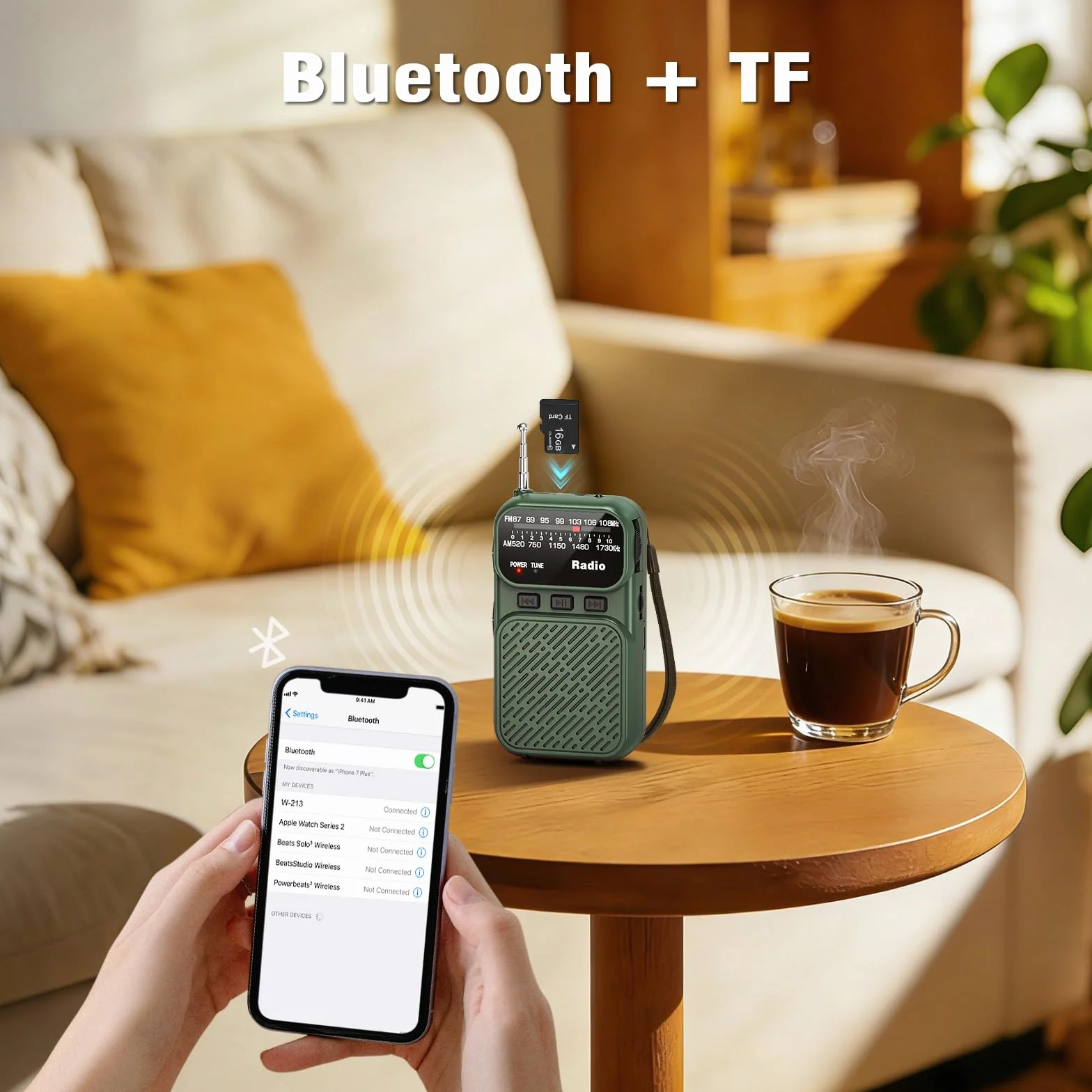 Tendak Radio Portátil AM/FM/FM Bluetooth, Mini Radio con Batería 1200 mAh, Pilas AAA, Carga USB-C, Lámpara TF (Verde)