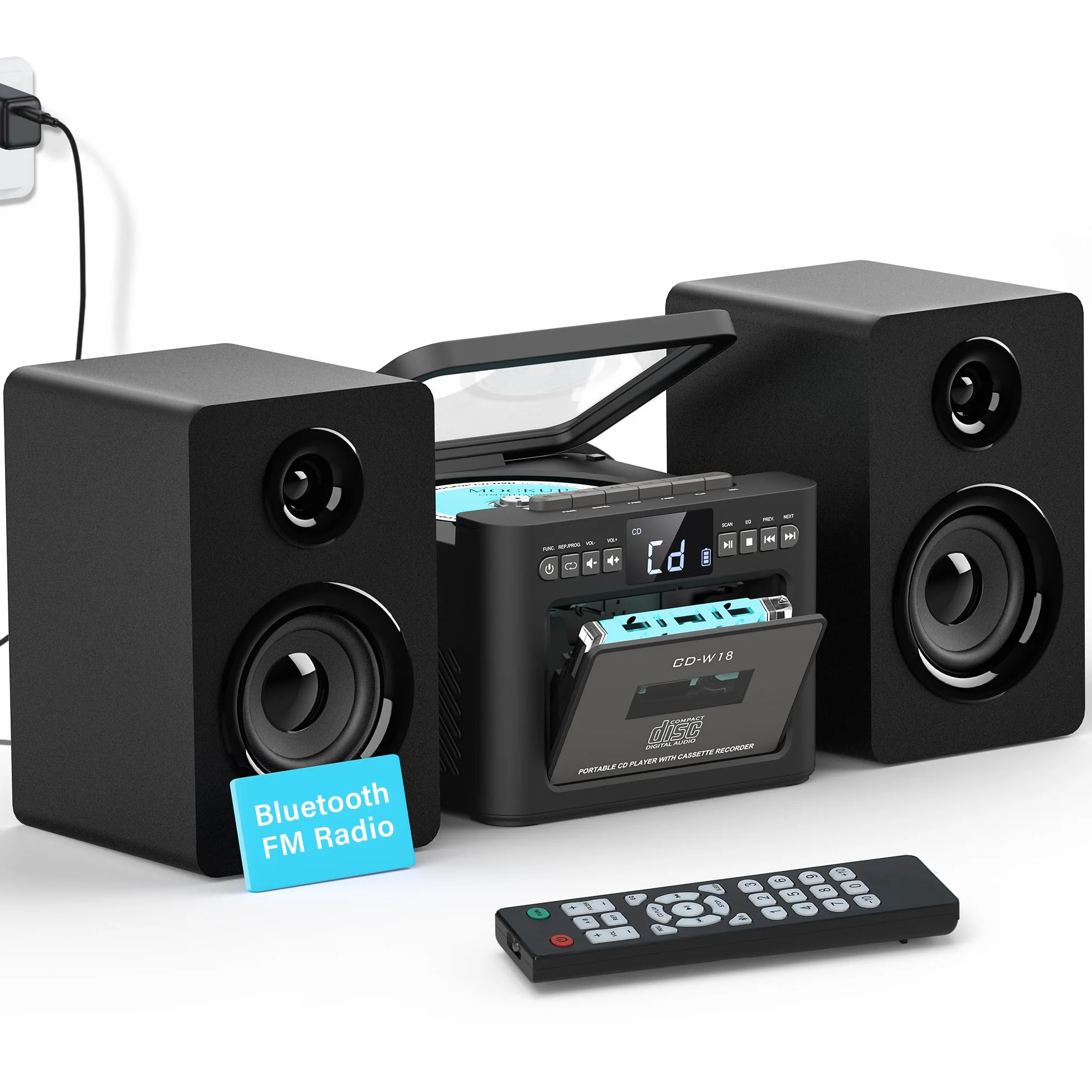 Sistema estéreo para el hogar con reproductor CD y cassette, altavoces 40 W Bluetooth, radio FM/USB/TF/AUX/control remoto, alta fidelidad