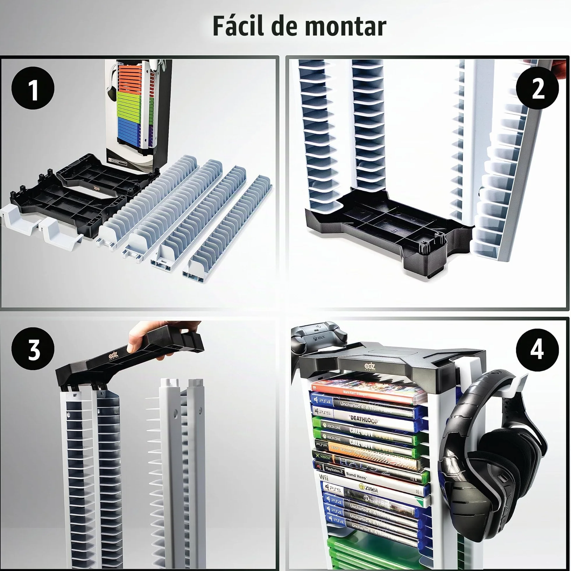 ADZ Soporte universal para juegos – 46 Game Storage Tower Rack for PS2 PS3 PS4 PS5 PSP Xbox 360 Xbox One Series X Wii Switch Games DVD and Blu-Ray Disks Includes 2 controladores Mounts (White)