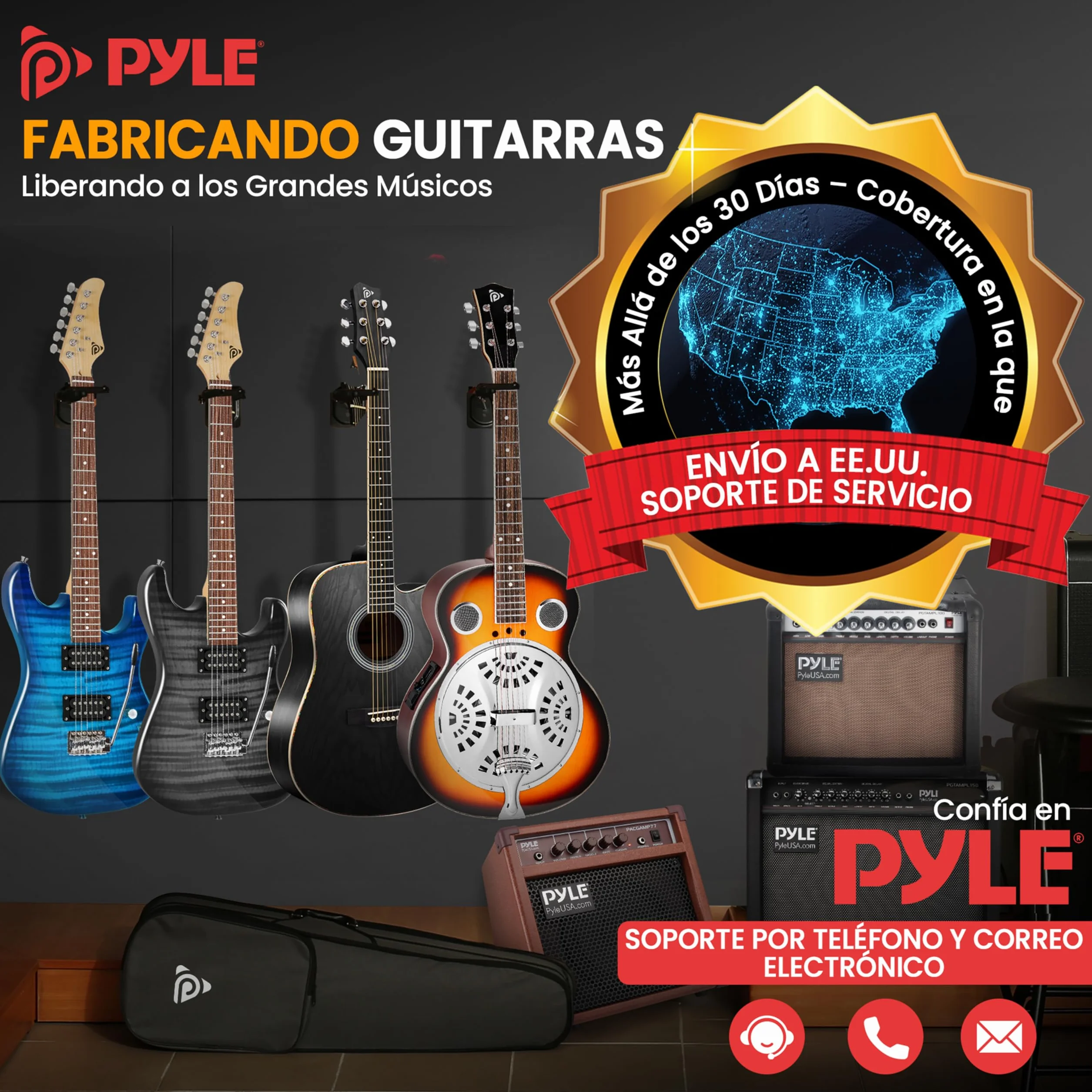 Pyle guitarra electrica, Resonador tradicional, 6 cuerdas, Preamplificador incorporado, Accesorios