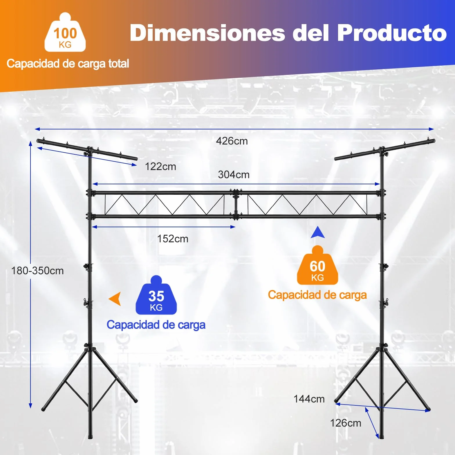 COSTWAY Soporte de Luz Profesional de Metal, Ajuste de Altura 180-350 cm, Soporte de Luces LED con Barras Extensibles, 32 Puntos de Montaje, Truss para Bandas, Salones de Fiestas, DJs