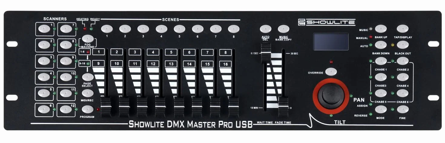 Controlador DMX Showlite Master Pro 192 canales, control profesional de iluminación, conexión USB para datos, hasta 240 memorias de escenas, entrada MIDI estándar de 5 pines.