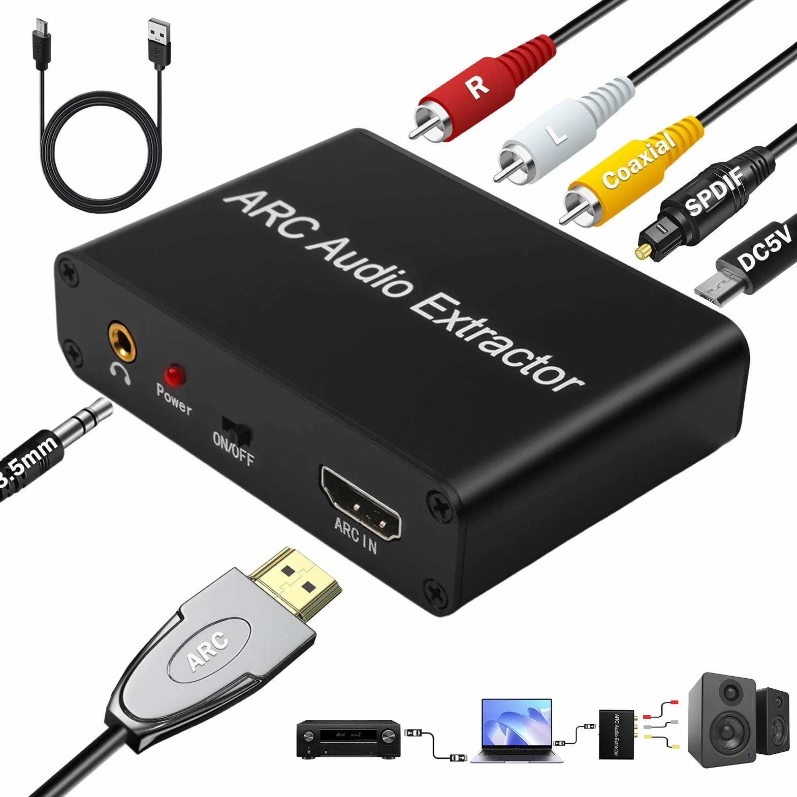Extractor Audio HDMI ARC DAC 192kHz Óptico Toslink Coaxial a RCA L/R 3.5mm Jack