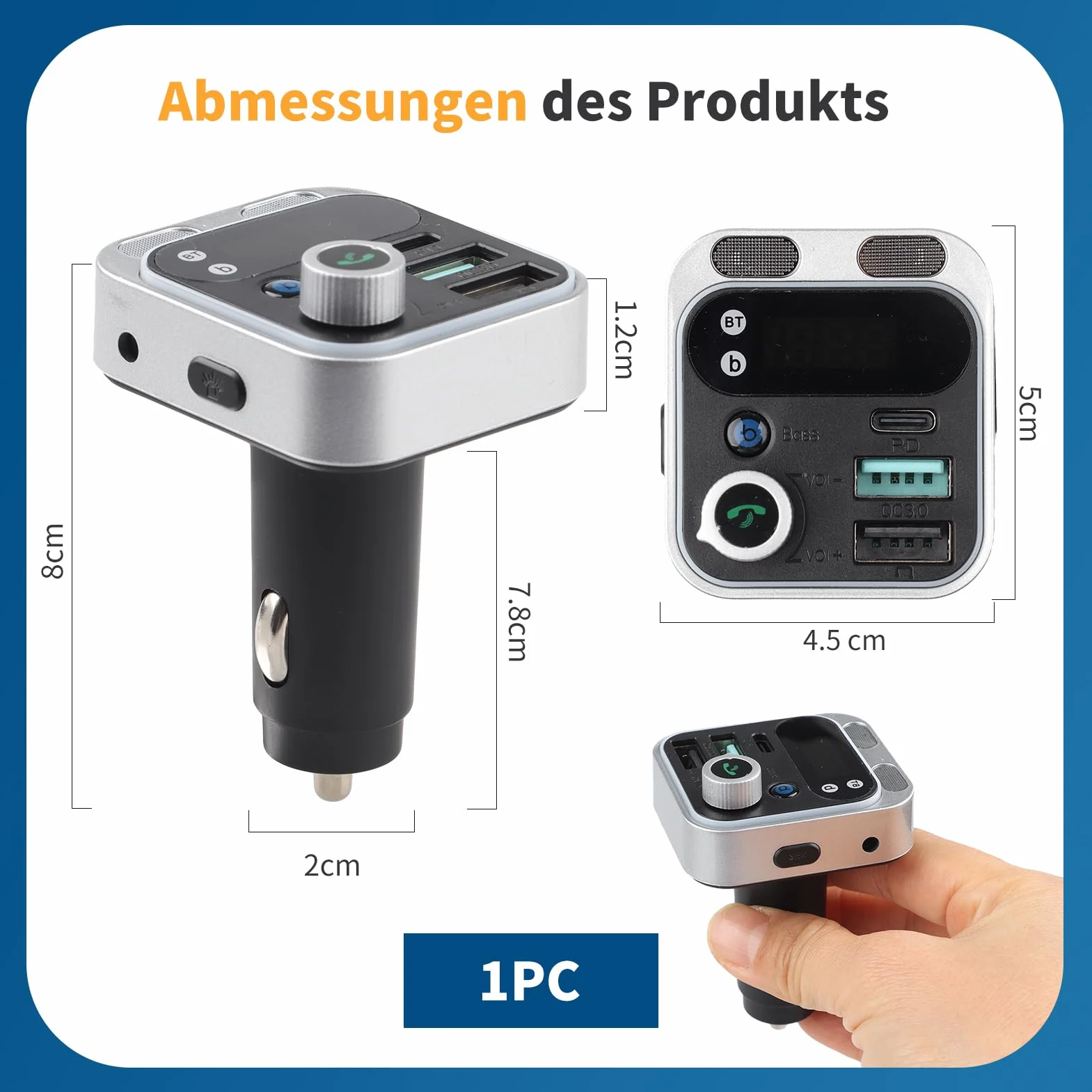 Transmisor FM Bluetooth Coche 48W con PD 30W y QC 18W, Manos Libres con Micrófonos Duales, Bluetooth 5.4, Graves Potentes Hi-Fi, Adaptador Mechero con USB y Luz LED Ambiental