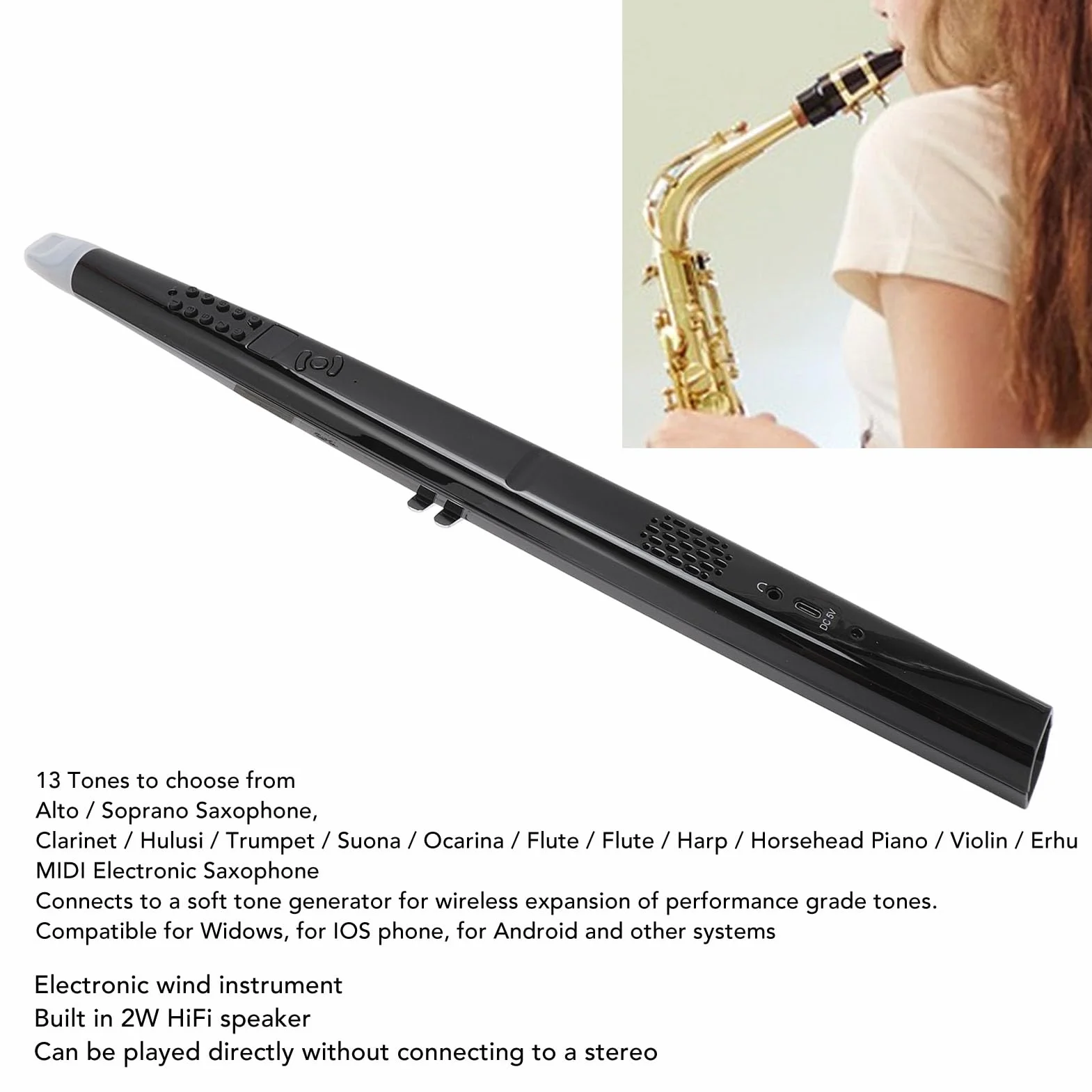 Zunate Instrumento de Viento Digital, Saxofón Electrónico Midi, Sintetizador de Instrumentos de Viento, Volumen Ajustable con 3 Sensibilidades de Soplado, 13 Tonos de Instrumentos
