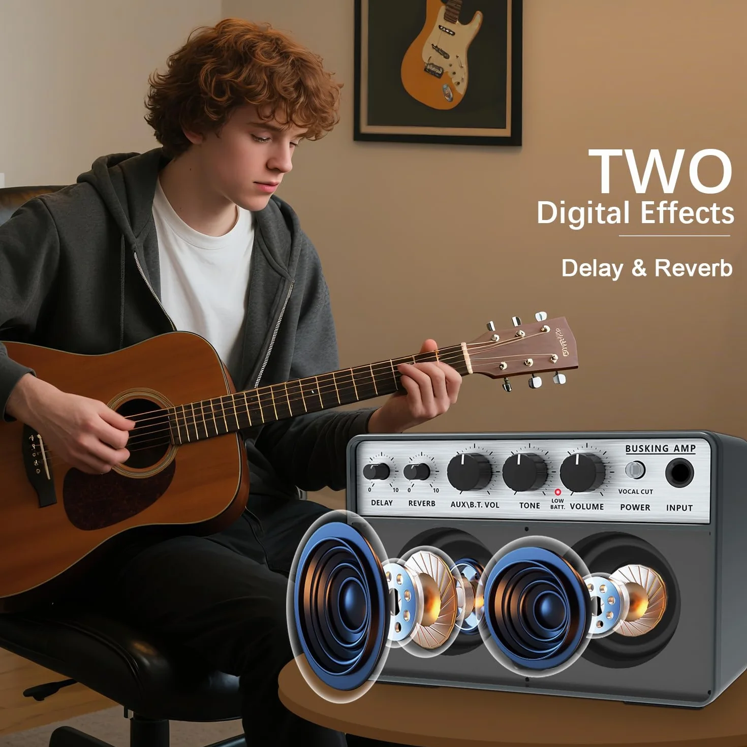 Yuer BA-10Pro - Amplificador de guitarra acústica de 10 W, amplificador portátil de voz y guitarra con retardo digital/efecto reverberación, conector para auriculares/OTG para grabación, práctica