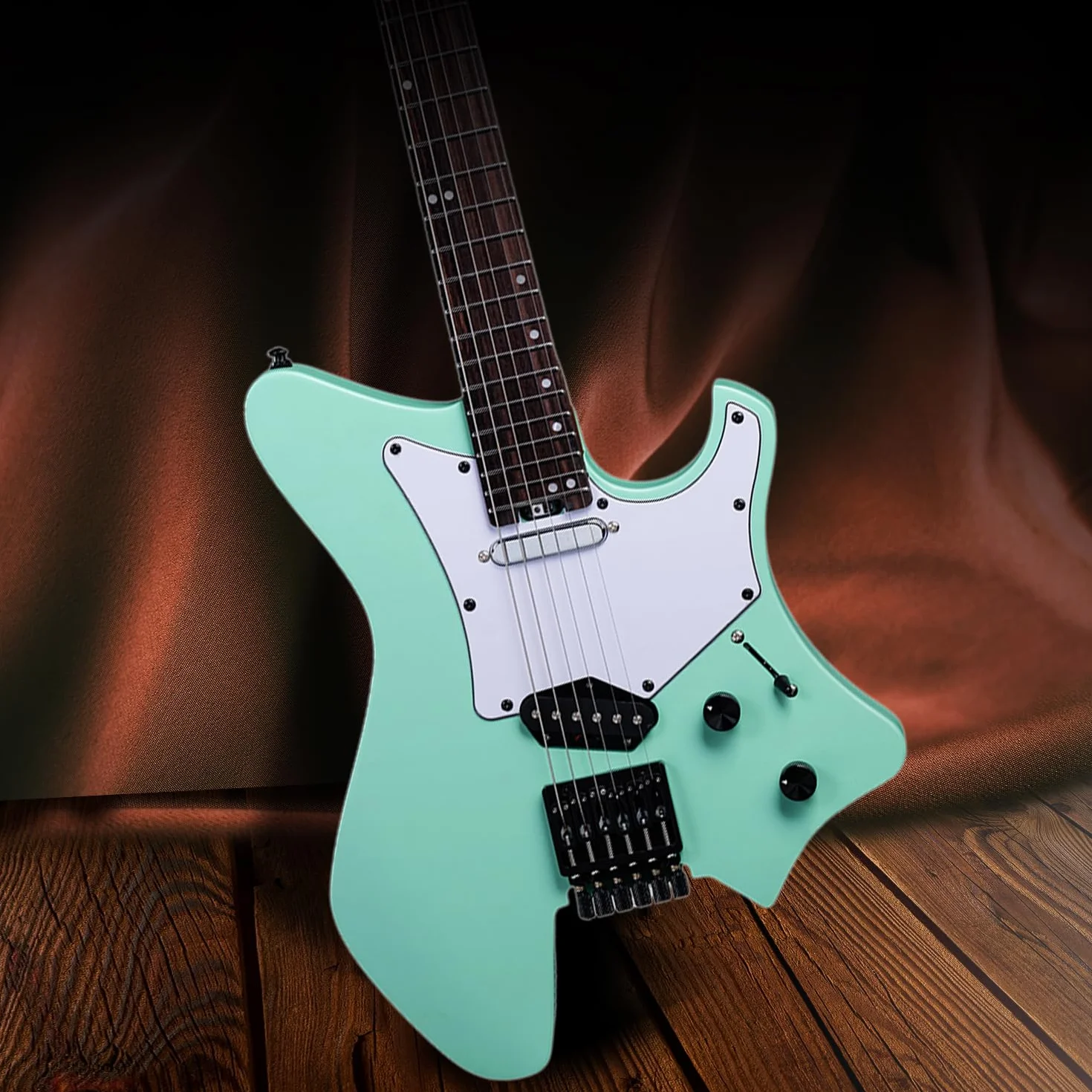 EART GW2TP-SE Guitarra eléctrica sin cabeza con cuerpo de caoba tostada, pastillas Artones-TSE, extremos redondeados, trastes medianos jumbo de acero inoxidable (verde)