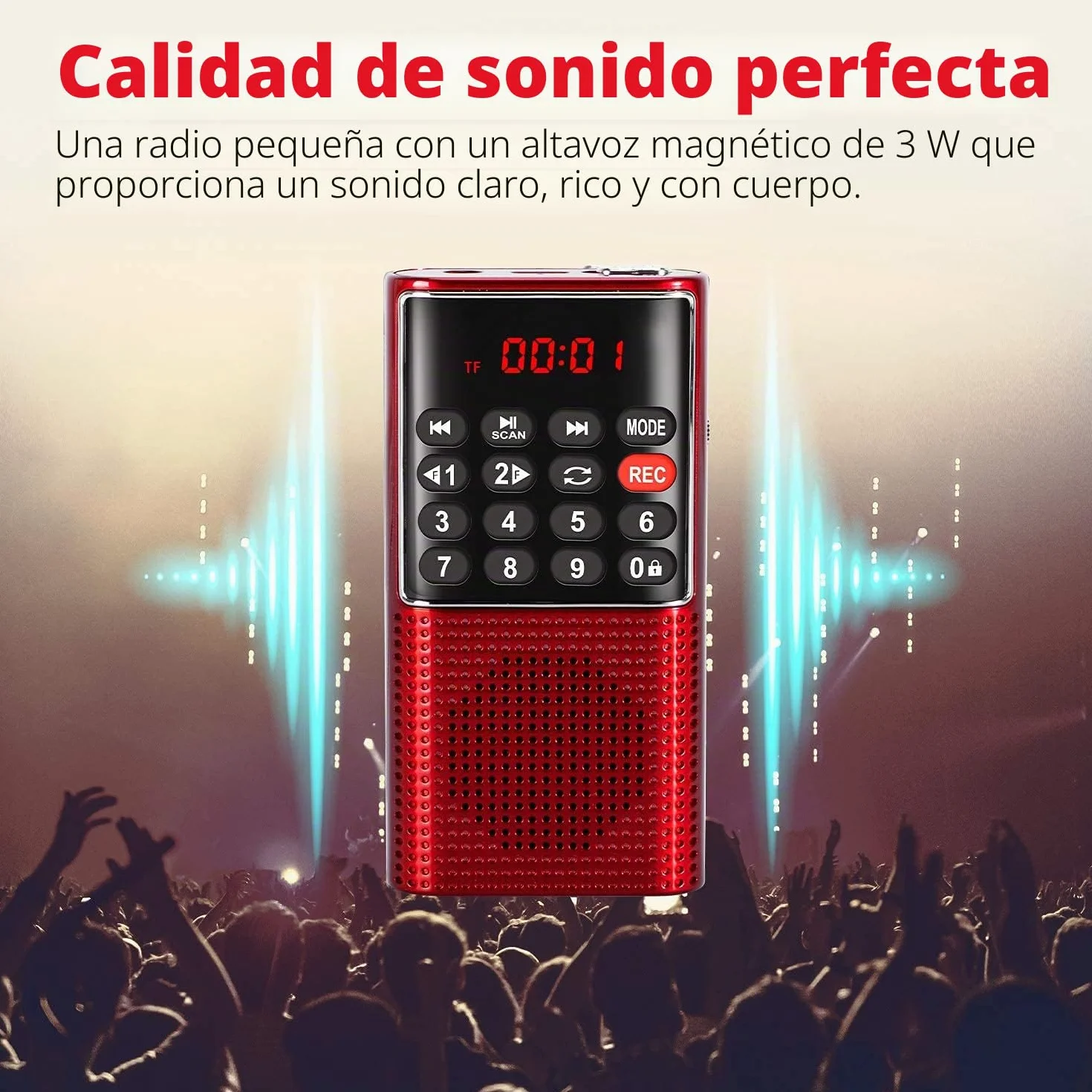 PRUNUS J-328 FM Radio Portátil Pequeña Recargable con Grabadora, Mini Radio de Bolsillo SD/TF/AUX, Reproductor de Música (Rojo)