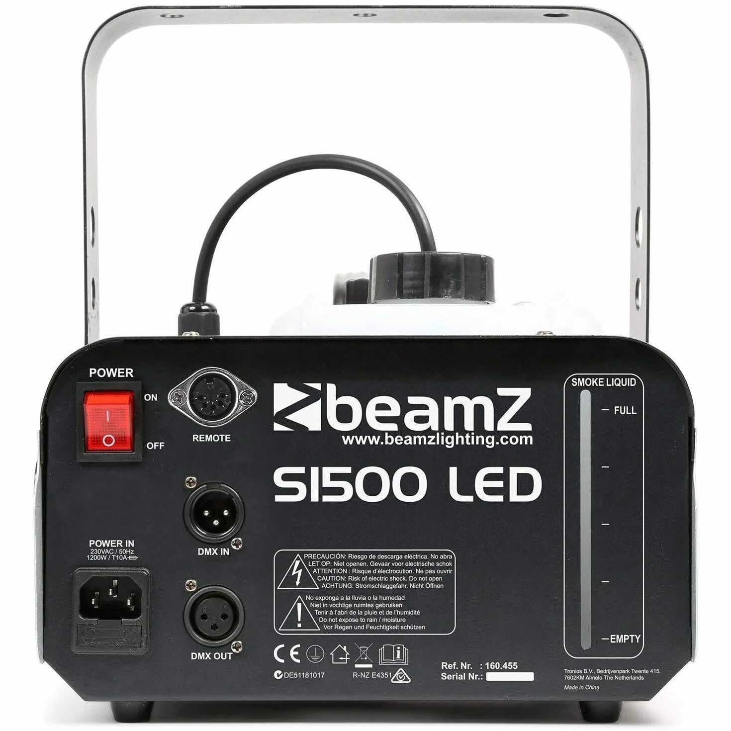 Beamz S1500 LED Máquina de Humo de 1500W con 9 Leds de 3W RGB, DMX de 6 canales, depósito de 2,5 litros, mando a distancia con cable de 3 metros y mando inalámbrico, maquina humo discoteca, halloween