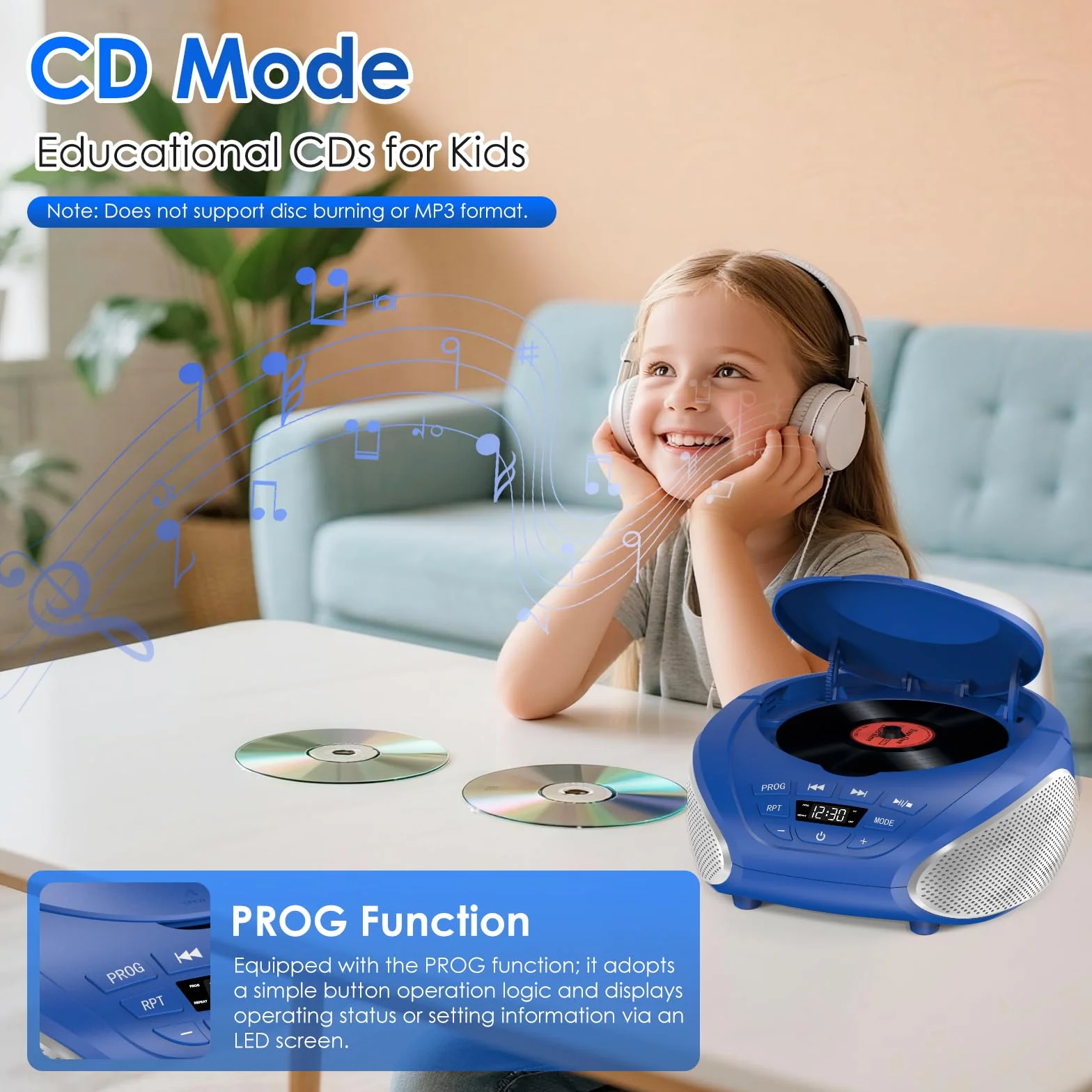 Gueray Reproductor CD Portátil Boombox Radio FM Estéreo con Altavoces Entrada AUX 3.5 mm Pantalla LCD Azul Plata