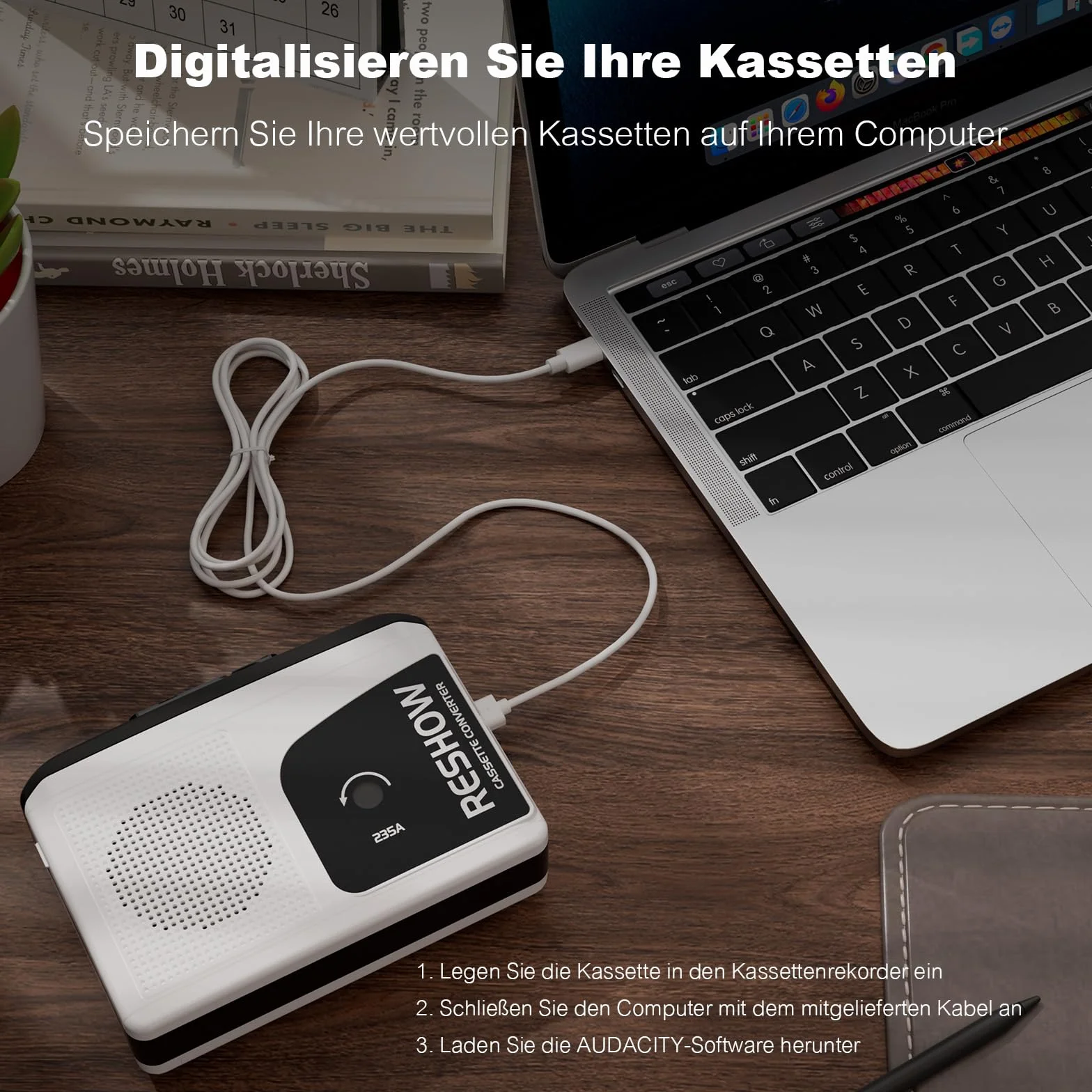 Reshow Grabadora de casete portátil USB a MP3, grabación inversa, micrófono integrado, altavoz, auriculares (blanco)
