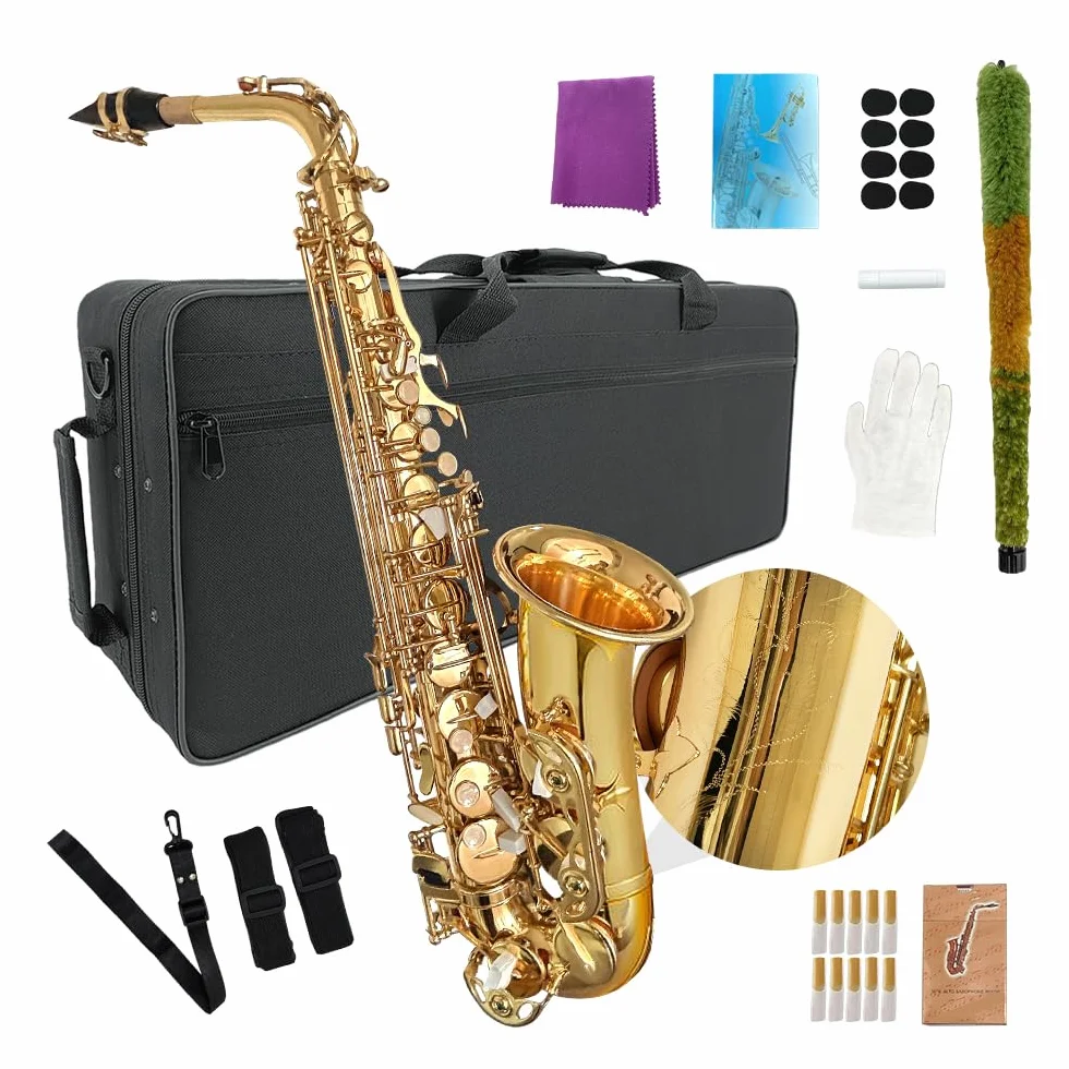 Kit completo de saxofón alto E Flat para adultos, saxofón alto, con funda de transporte, correas para boquilla, lengüetas, saxofón, kit para principiantes