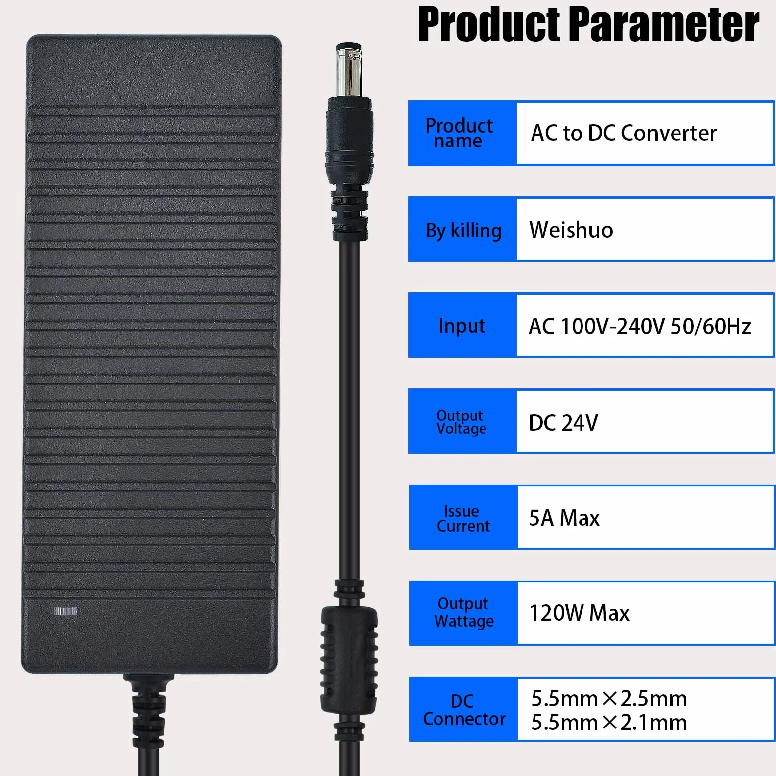 Adaptador de Corriente AC 100-240V a 24V 5A Transformador 120W Fuente de Alimentación Universal con Enchufe de 5.5 x 2.5 mm para Tiras LED, Cámaras, DVD, Pantallas LCD y Otros