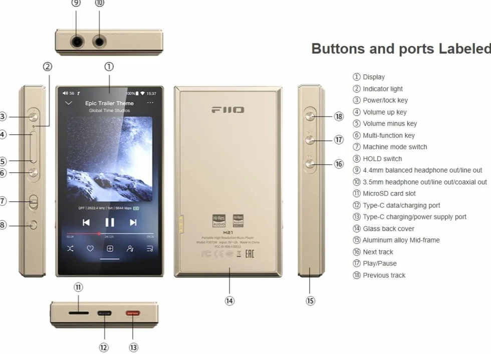 FiiO M21 Android 13 Reproductor de música portátil MP3 Snapdragon 680 4* CS43198 DAC Chips de Audio de Alta resolución DSD Bluetooth LDAC (Titanio Dorado)