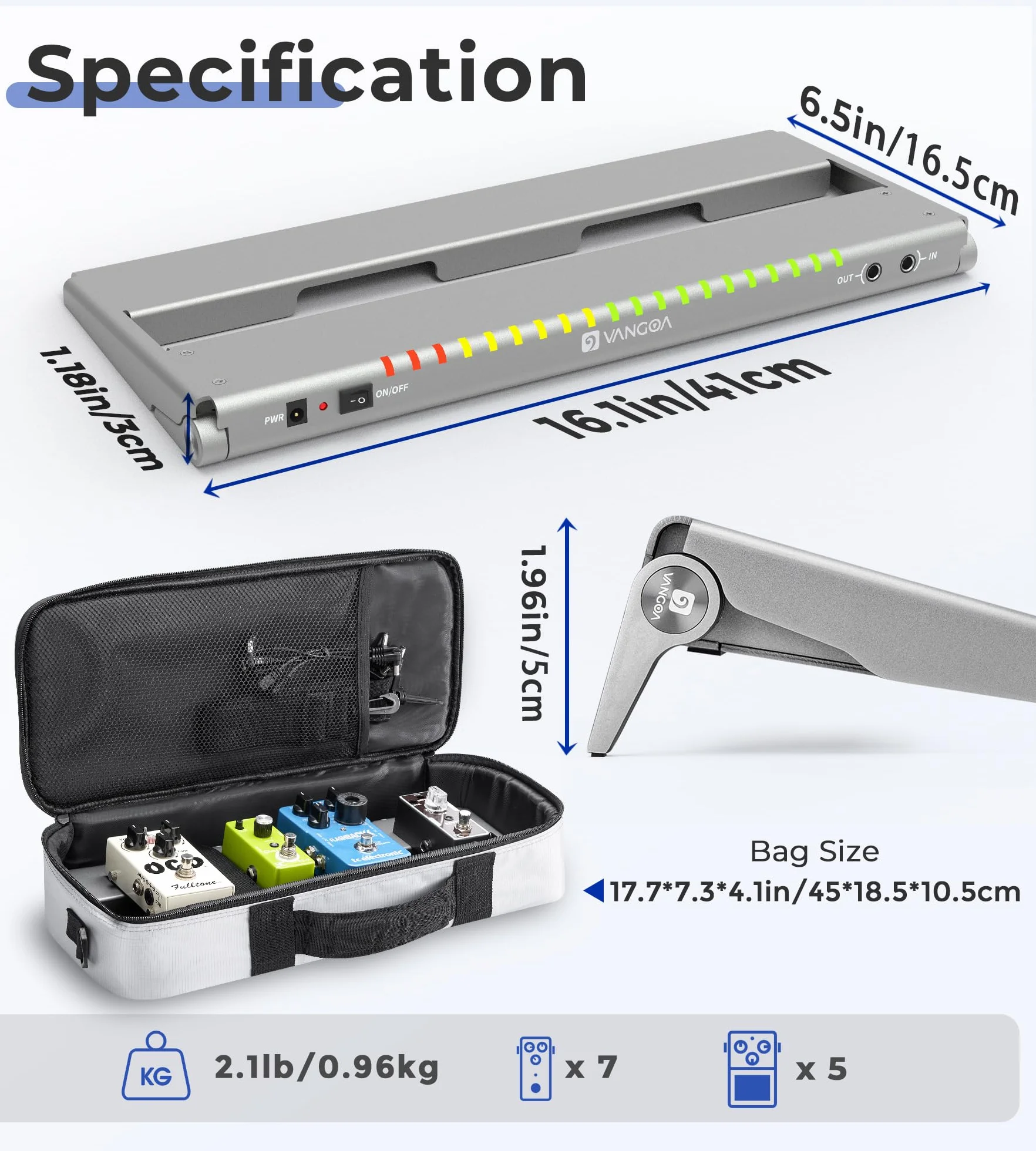 Vangoa Pedalera de guitarra con fuente de alimentación aislada incorporada, VPPD-S pedalboard eléctrica portátil pequeña y plegable de aluminio con bolsa de transporte, 41x16.5cm,1.3 kg,gris