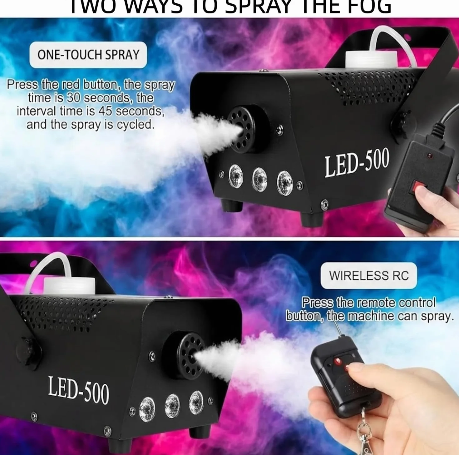 Máquina de Humo 500W, Mini Niebla Máquina con Luces RGB LED de 3 Colores, 300ml Tanque, Control Remoto Inalámbrico, Automático, Portátil, para Halloween Fiestas Bodas DJ Escenario (B)
