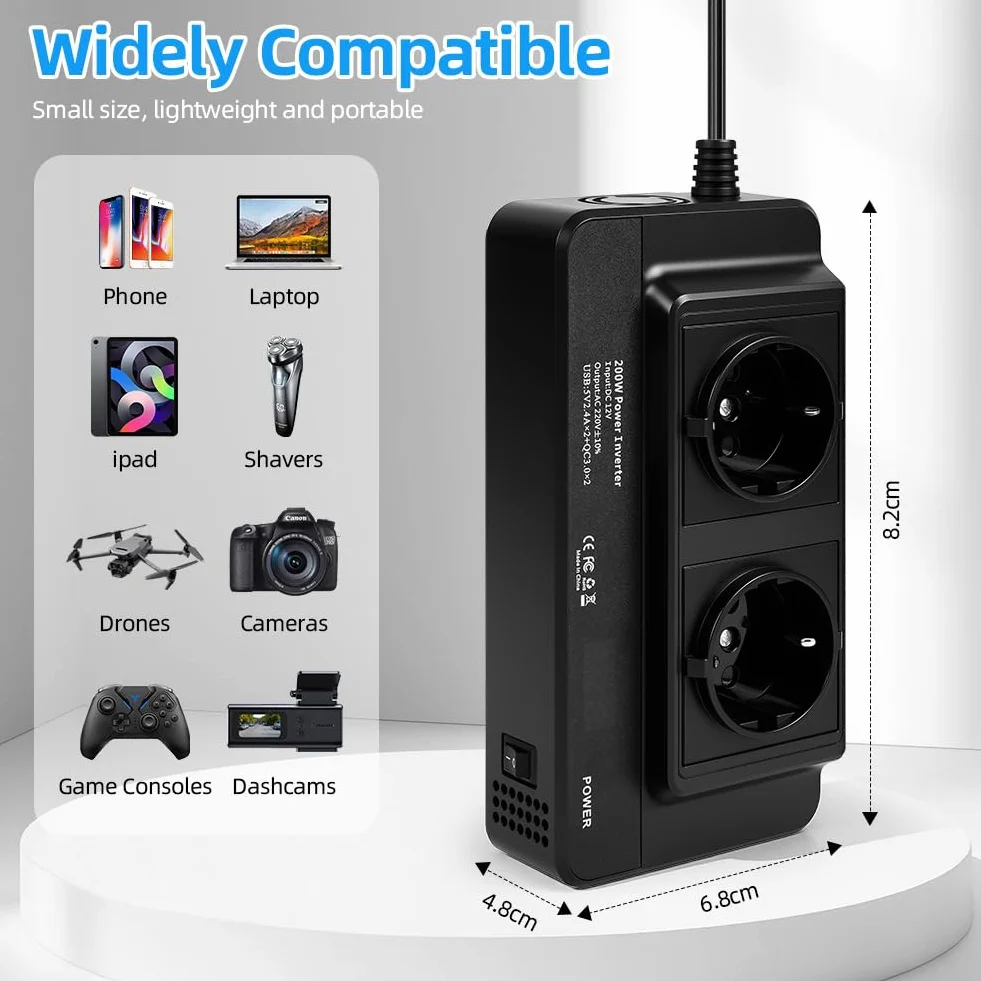 URAQT Inversor para Coche, Inversor de Corriente, Transformador de tensión DC 12 V a AC 230 V 200W con 4 Puertos USB y 2 enchufes UE-USB 3.0 y USB 2.0, Convertidor de Voltaje para Coche, Camping, RV
