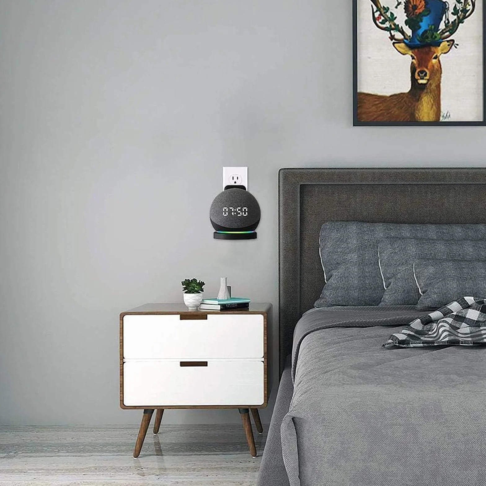 ELLENNE Soporte de pared Echo Dot (4ª y 5ª generación) de pared – Ahorra espacio ocultar cables – Sin tornillos – Soporte para cocina, baño, dormitorio – Negro y blanco (negro)