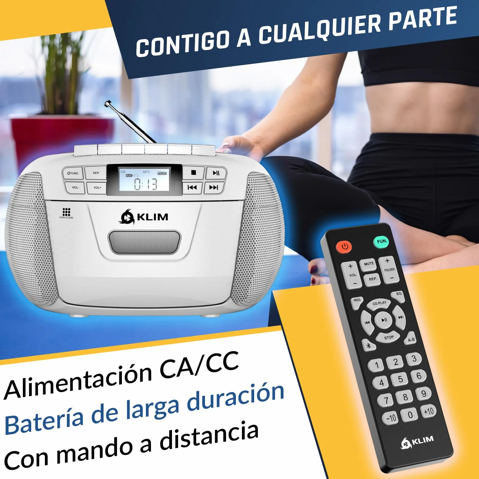 Reproductor CD Cassette KLIM con Radio AM/FM y Bluetooth, USB, AUX, Grabación en Cinta, Control Remoto - Blanco