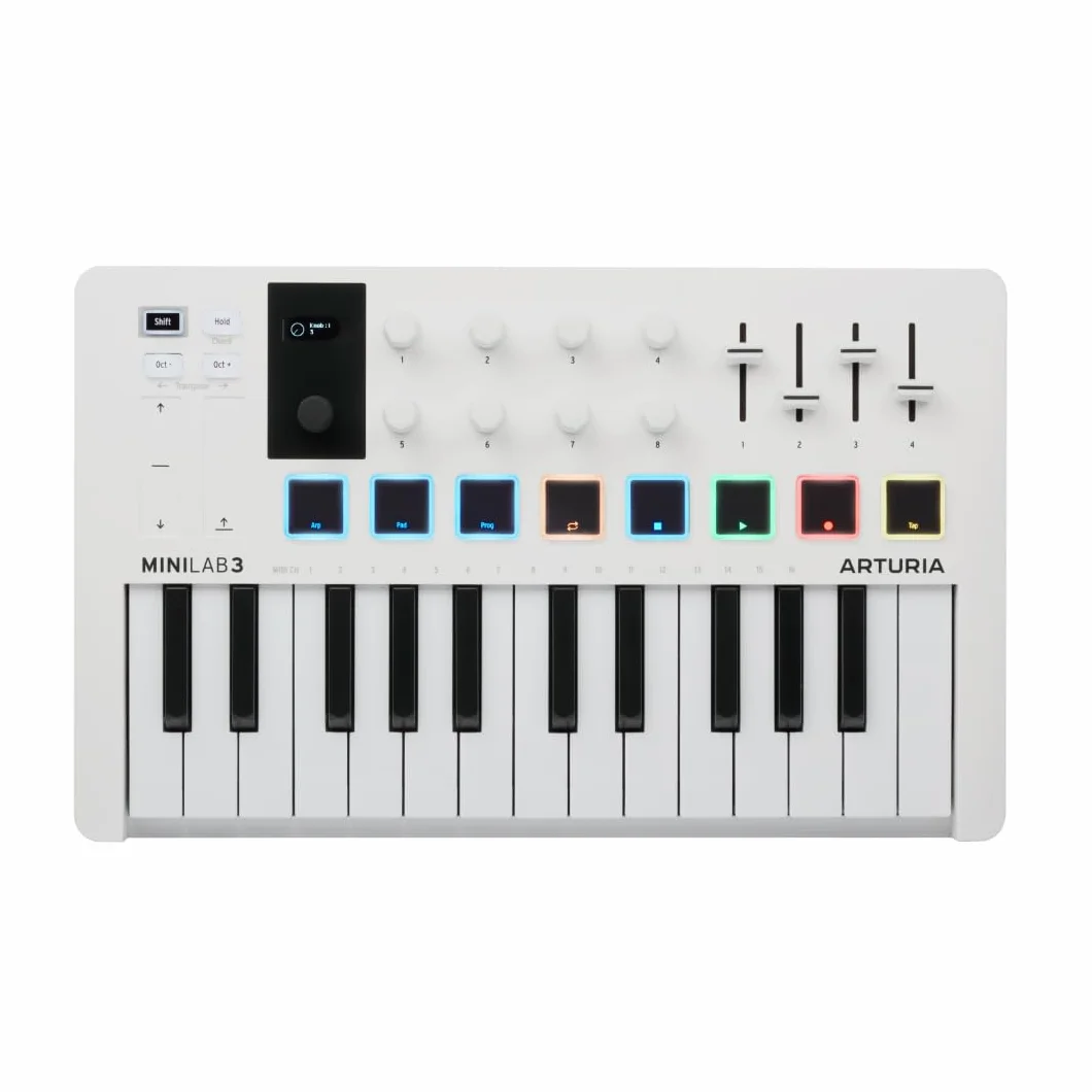 Arturia - MiniLab 3 - Controlador MIDI Universal para Producción Musical, con Paquete de Software Todo en Uno - 25 Teclas, 8 Almohadillas, white