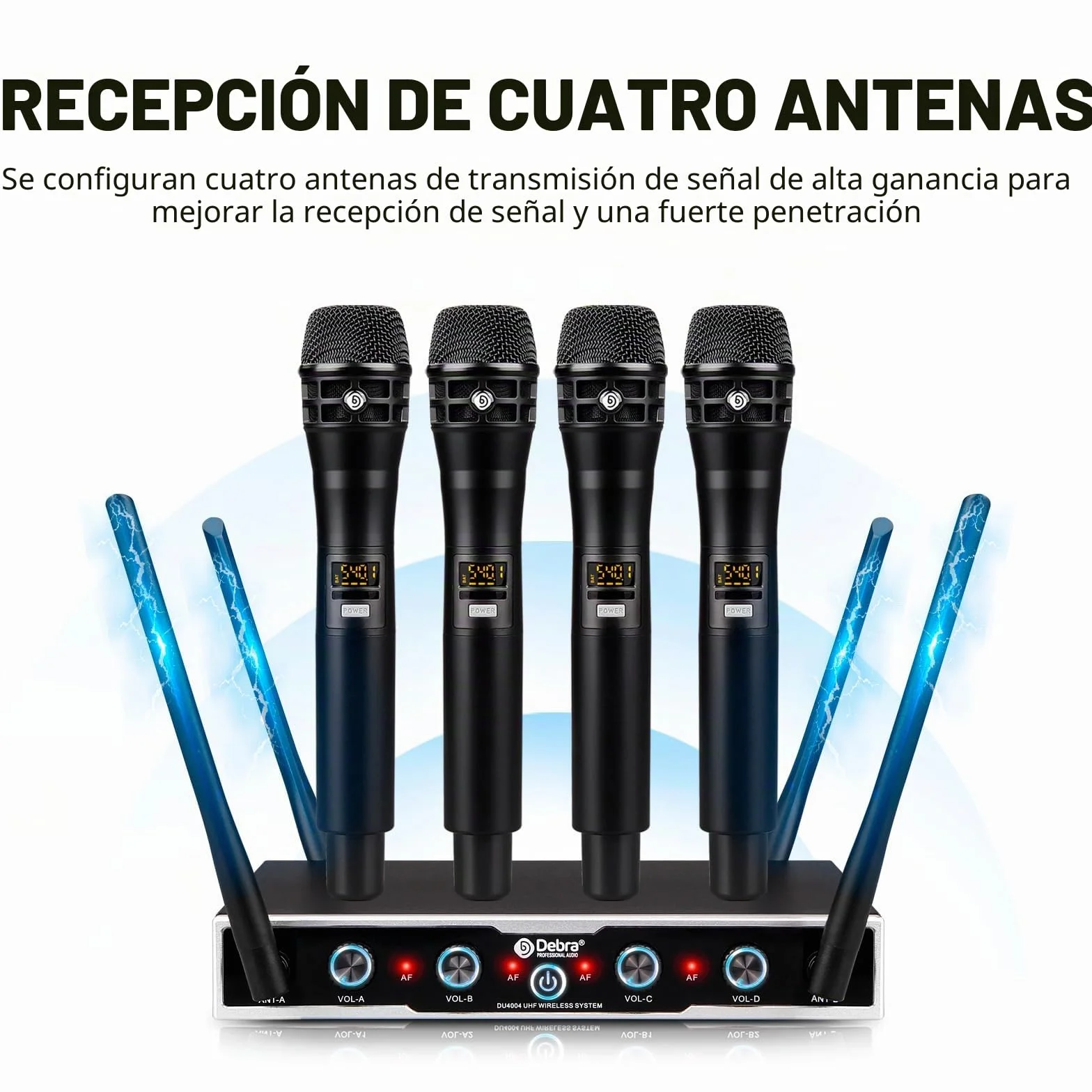 D Debra Micrófono inalámbrico Profesional DU4004 UHF – Sistema de 4 Canales con 16 Frecuencias Ajustables y Pantalla – 4 micrófonos de Mano para discursos, Iglesias y Fiestas