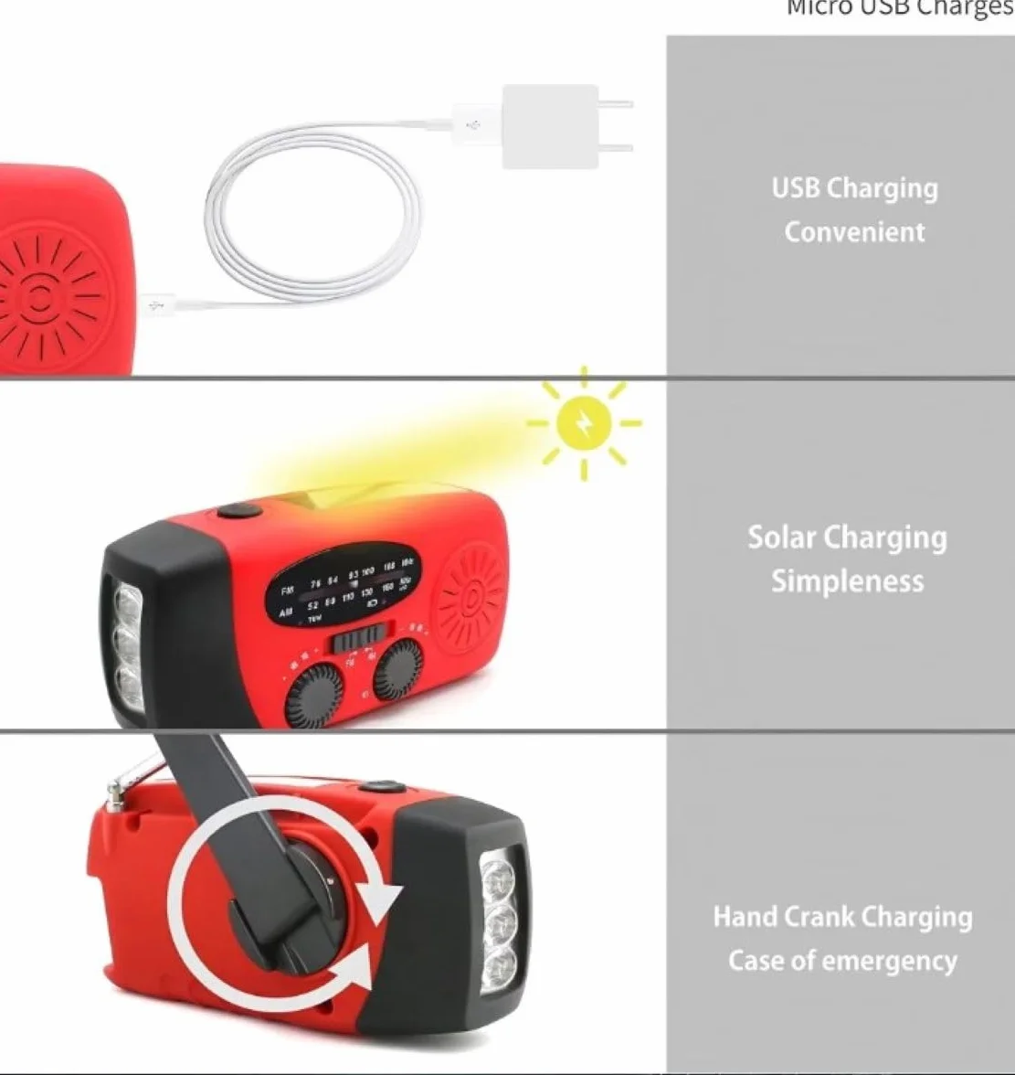 Radio Solar de Emergencia con Manivela Dinamo AM/FM/NOAA, Cargador 2000mAh, Alarma SOS