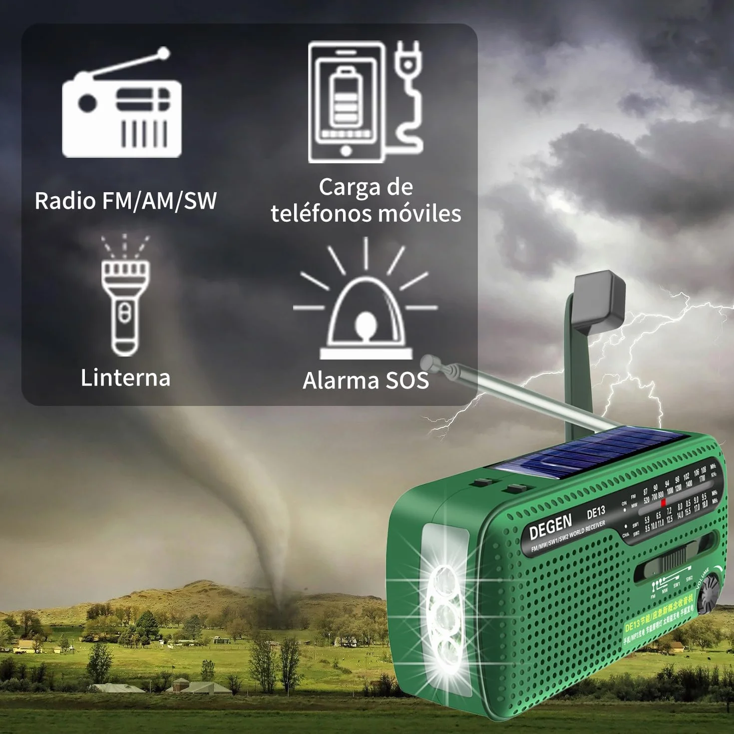 DE13 Radio a Pilas Solar de Emergencia con Manivel, Radio Portátil Pequeña FM Am SW Energía Solar, Manivela de Dinamo Manual Linterna Lámpara de Campamento for Apagón