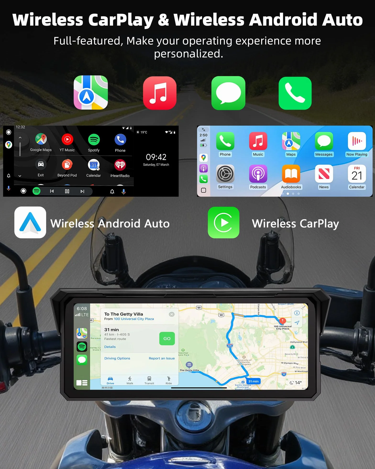 8,1 Pulgadas Pantalla Carplay Moto Android Auto Moto, Pantalla Táctil Resistente al Agua IP67 Navegación GPS para Motocicletas Audio Bluetooth Siri y Asistente de Google