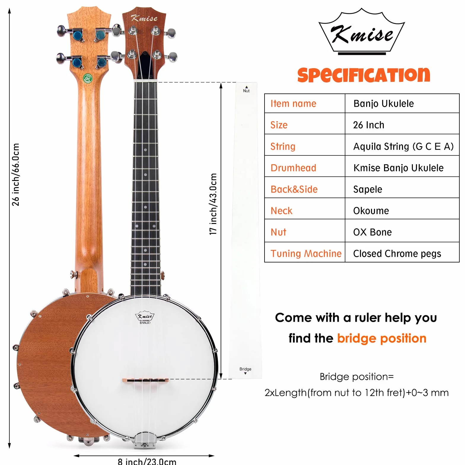 Kmise - Ukelele tenor 4 cuerdas 66 cm con bolsa, sintonizador, correa, regla, llave de puente, amarillo pardusco