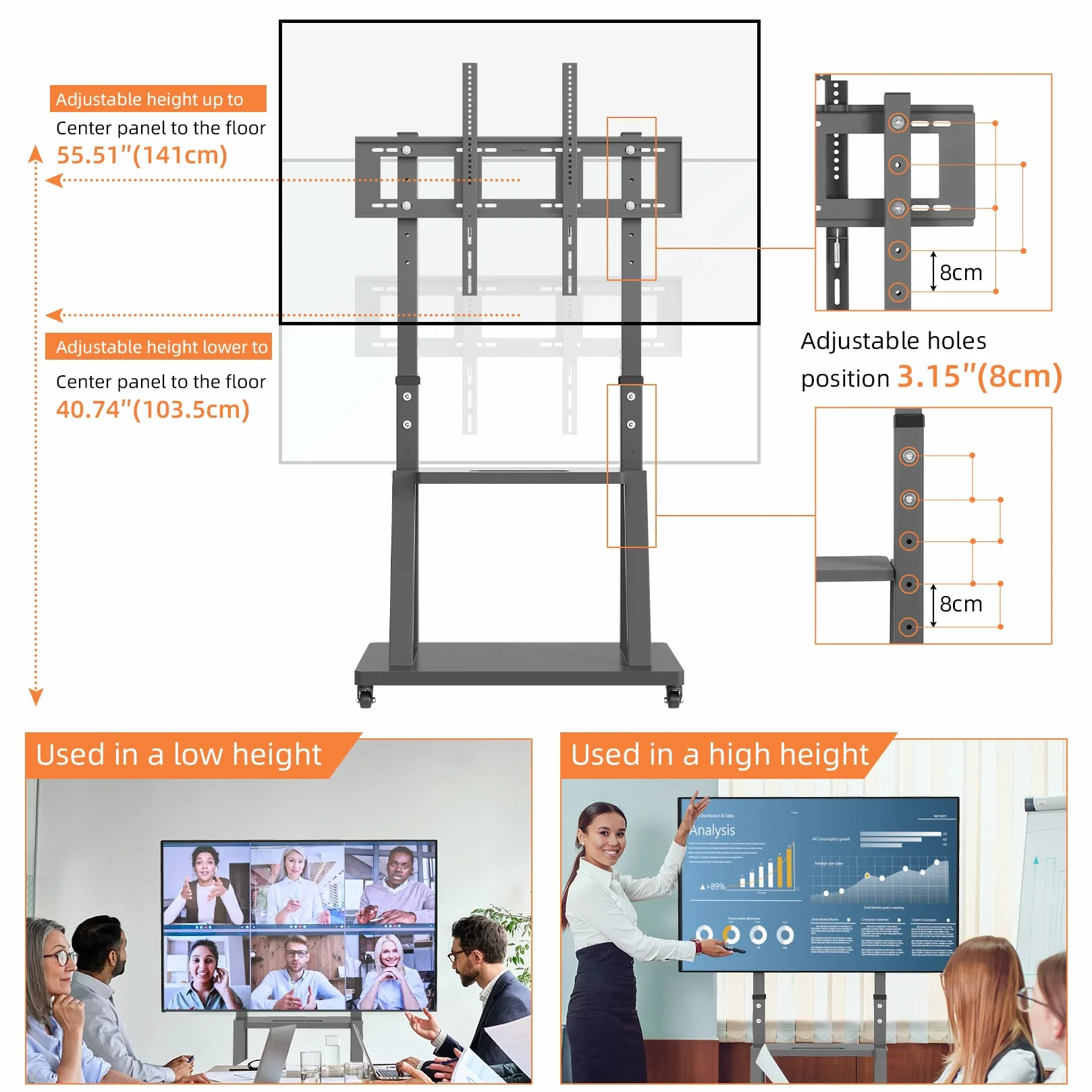 UNHO Soporte TV con Ruedas para 32-100 Pulgadas, Soporte TV Suelo Pie para Pantalla LED LCD Carrito TV Grande Comercial Móvil con 2 Estantes de Altura Ajustable Carga Máx 80kg VESA 800x600 (L)
