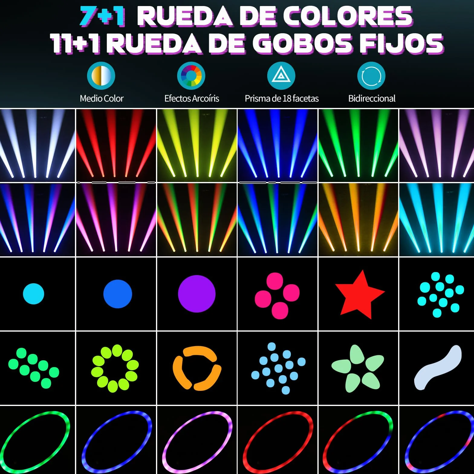 4 piezas Cabeza Móvil LED 200W Beam Iluminación de Escenario 7+1 Colores12 Gobos con tira de luz 18 Prisma Foco Luces de Fiesta DMX512 para Fiesta Cumpleaños Bar Discoteca