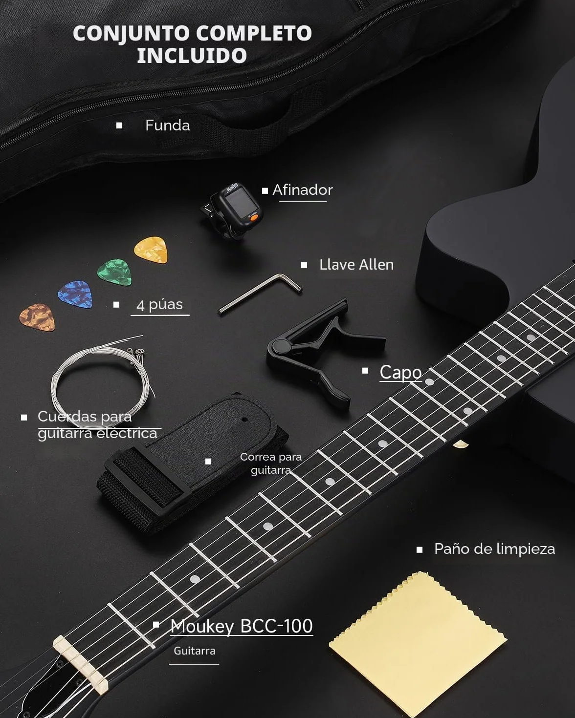 Moukey BCC-100 Guitarra electroacústica de 39 pulgadas con cutaway, pastilla pasiva, funda, correa, púas, afinador y cejilla, modo acústico y eléctrico, Negro