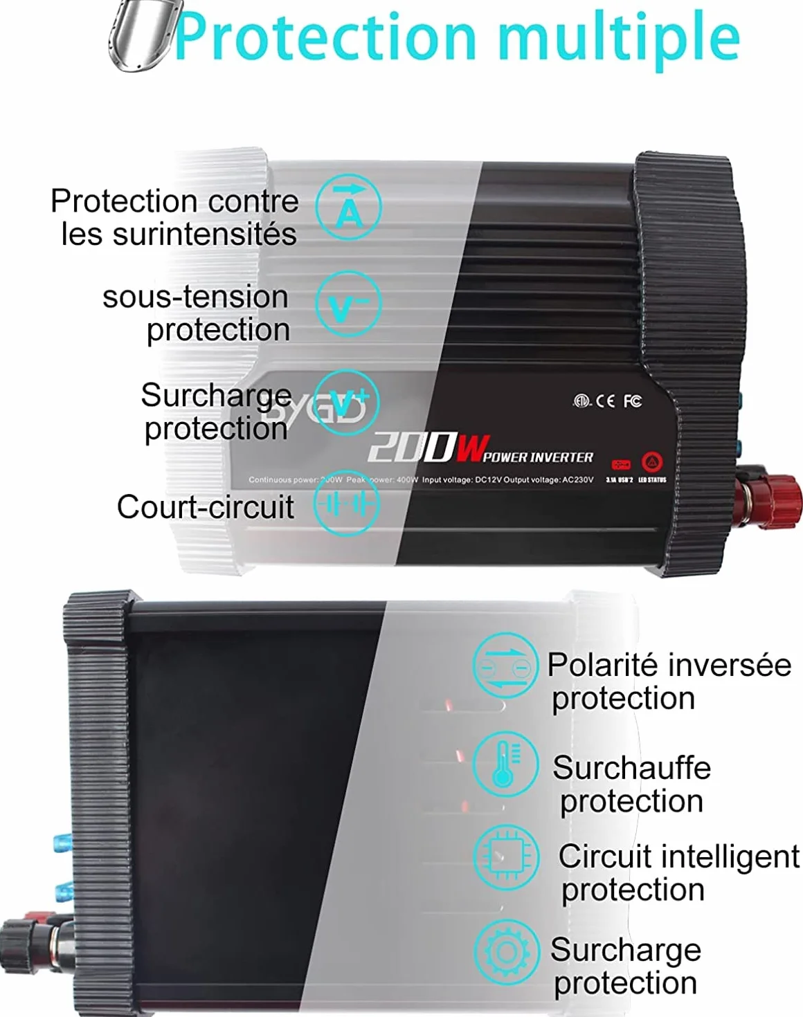 BYGD Inversor de Coche 200W/400W 12V DC a 220V 230V AC, Convertidor con Adaptador de Cargador de Coche Rápido USB Dual 3.1A, para iPad, iPhone, Tablet, Consolas y Cámping