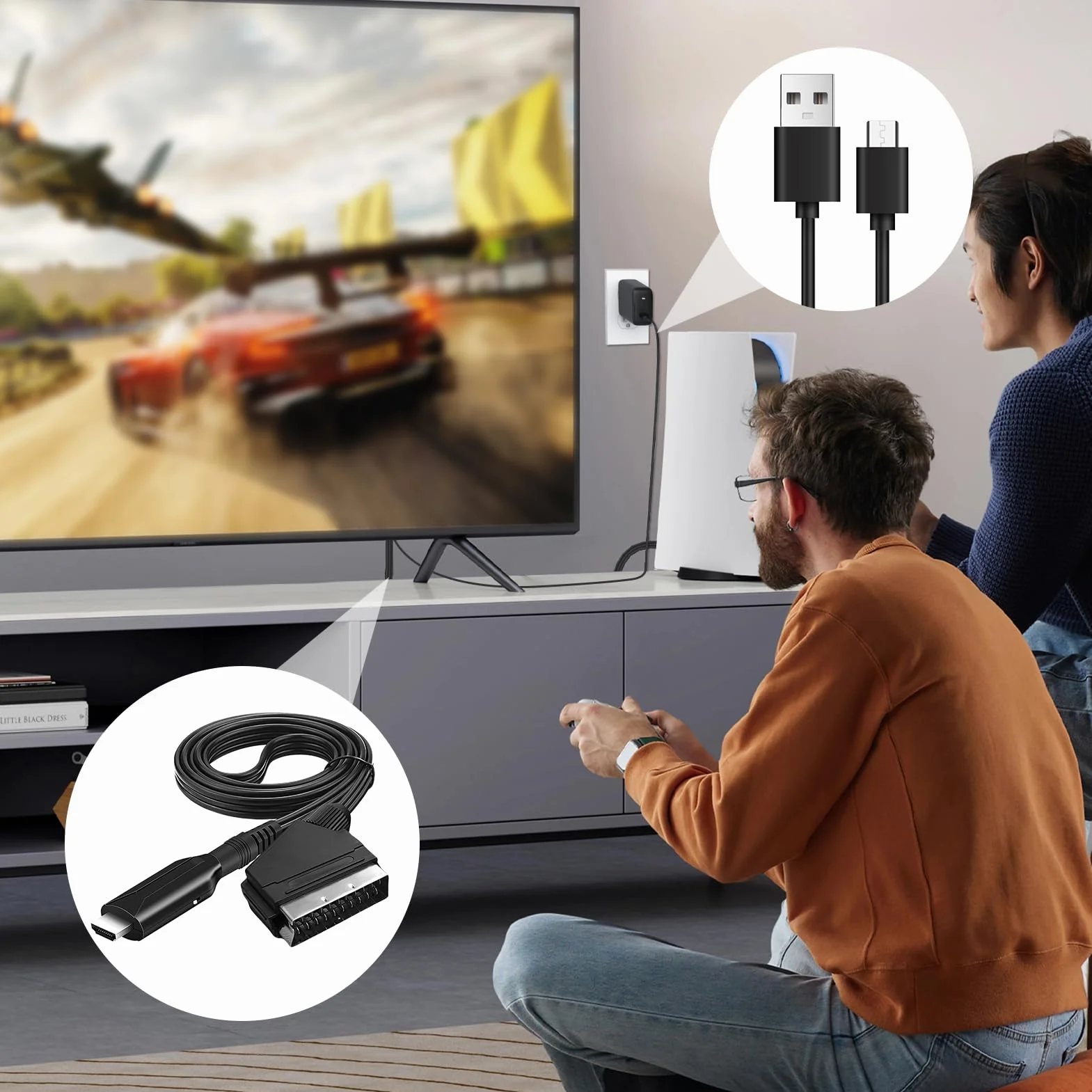 Cable Adaptador Euroconector a HDMI, Entrada SCART Salida HDMI Todo en uno Convertidor Apoyo HD 720/1080P Audio de Vídeo con Cable de Alimentación para HDTV Proyector DVD Blu-Ray VHS STB Sky Xbox PS3