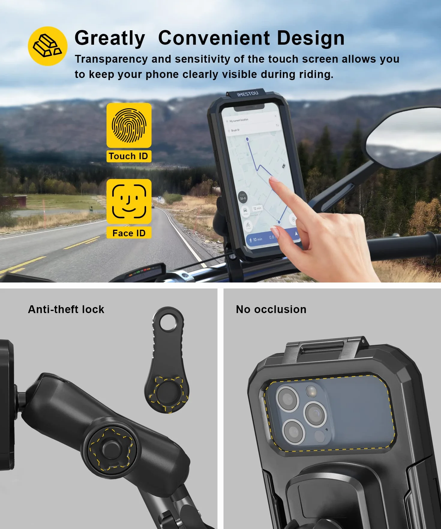 iMESTOU Antirrobo Monte de Teléfono de Motocicleta IP67 Impermeable Rotación 360° Aluminio 1" 3.5-6.1 Pulgadas