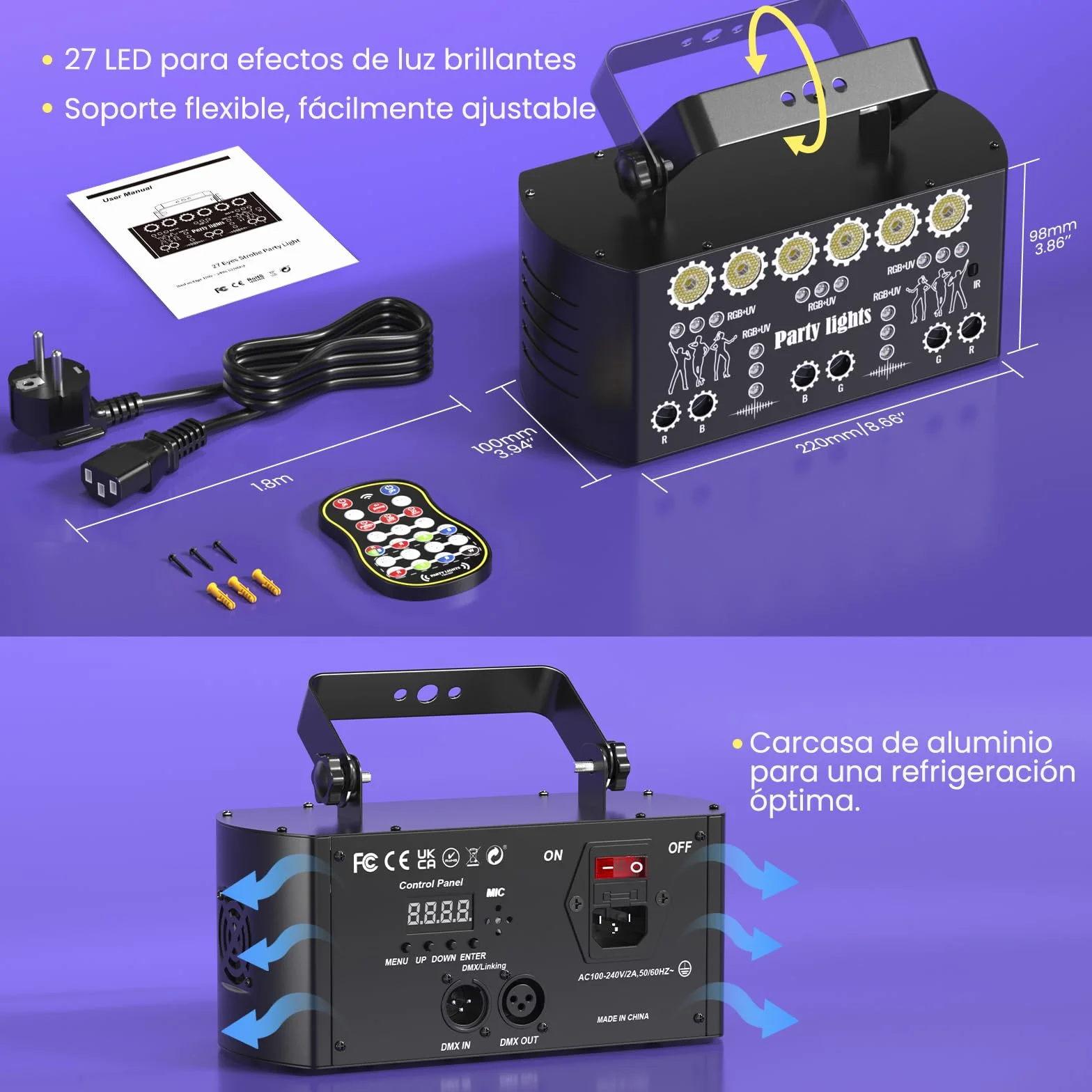 Luces discoteca RGBW & UV con 27 LED y DMX, láser discoteca 3 en 1 con 6 LEDs blancos de 2W, luz estroboscópica y UV, efectos dinámicos para DJ, fiestas y eventos