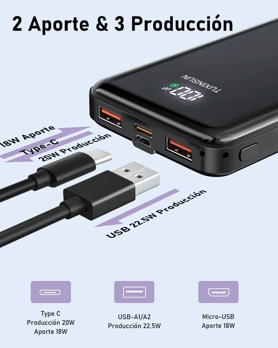 Power Bank 22.5W 20000mAh Bateria Externa Carga Rapida, Bateria Portatil PD3.0 QC4.0, Powerbank USB C Input & Output con Pantalla LCD Compatible con Smartphones, smartwatches, etc (black01)