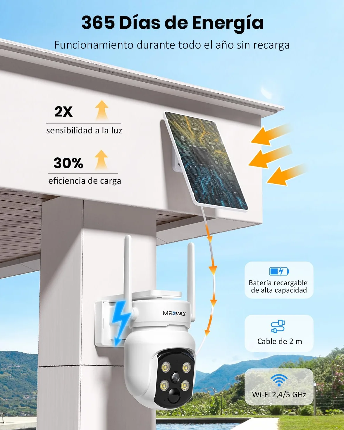 Camara Vigilancia WiFi Exterior Solar 2 en 1, 4MP/2.5K Camara sin Cables, 360° Cobertura, Fácil Instalación, 2.4/5 GHz WiFi, Visión Nocturna en Color, PIR, SD/Nube