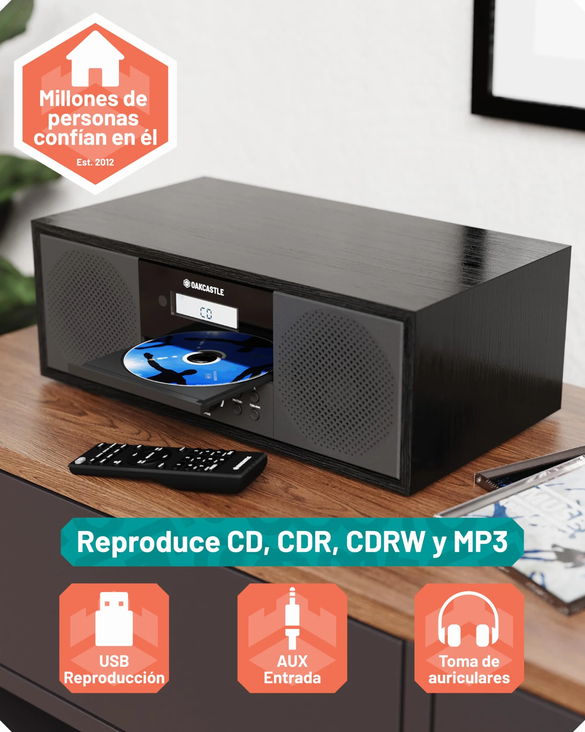 Equipo de Musica para Casa | CD Player HiFi con 60W Altavoces | Minicadenas de Musica con CD y Dab+ | Bluetooth Microcadenas de Musica | Radio FM Reproductor de CD HiFi Microcadena | OAKCASTLE DAB500