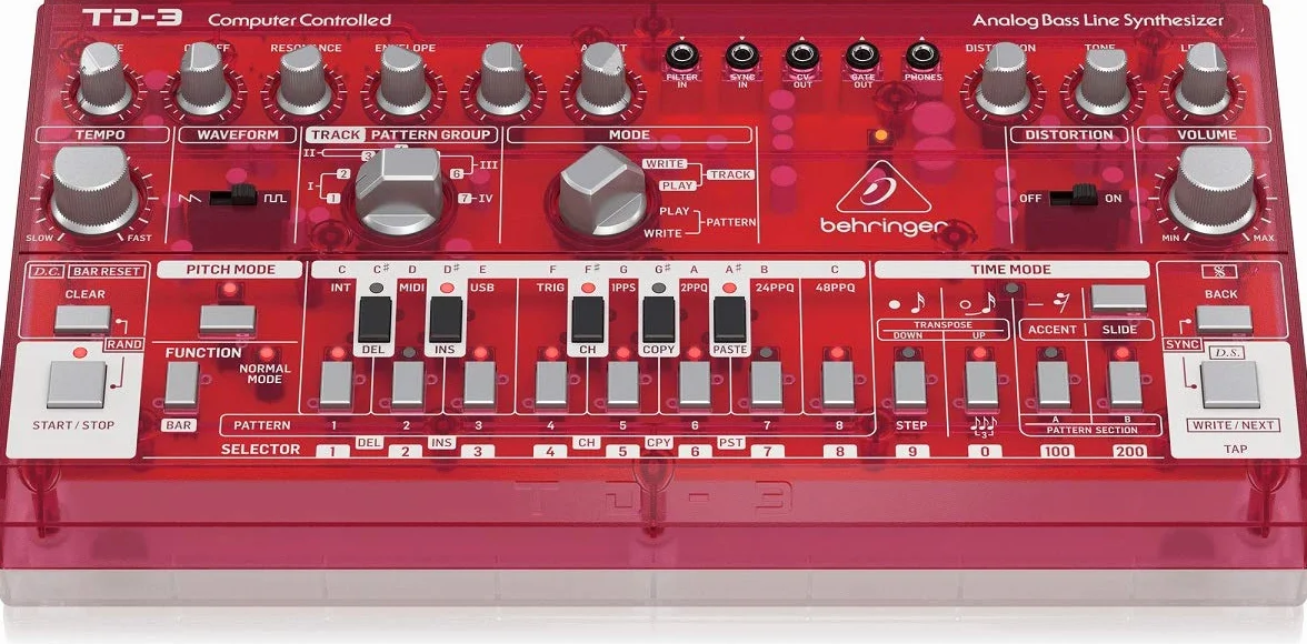 Sintetizador de línea de bajo analógico Behringer TD-3-SB con VCO, VCF, secuenciador de 16 pasos, efectos de distorsión y cadena polivinílica de 16 voces
